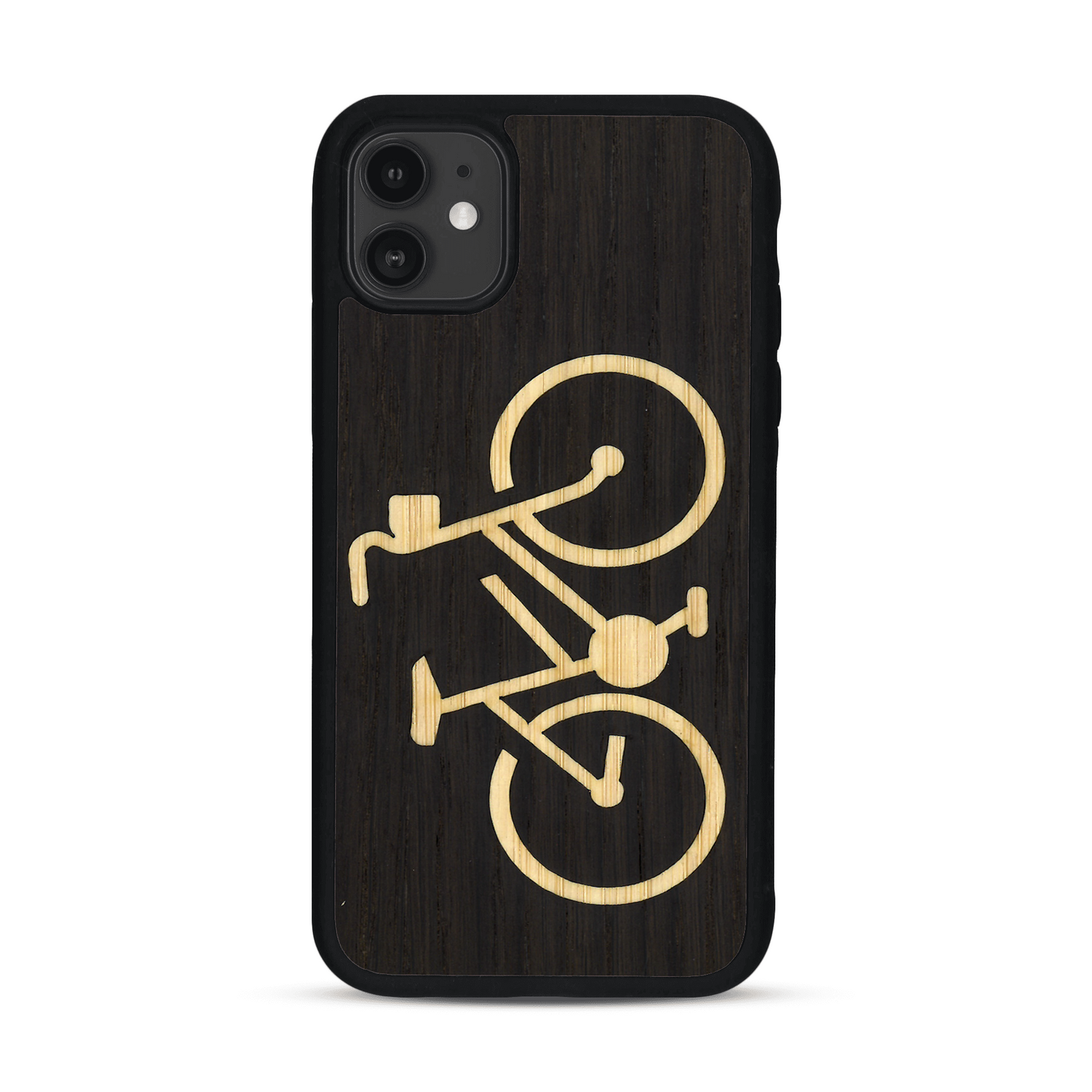 Coque de protection en bois véritable fabriquée en France pour  sur le theme du vélo et de l'outdoor qui allie du bambou et du chêne fumé représentant un vélo
