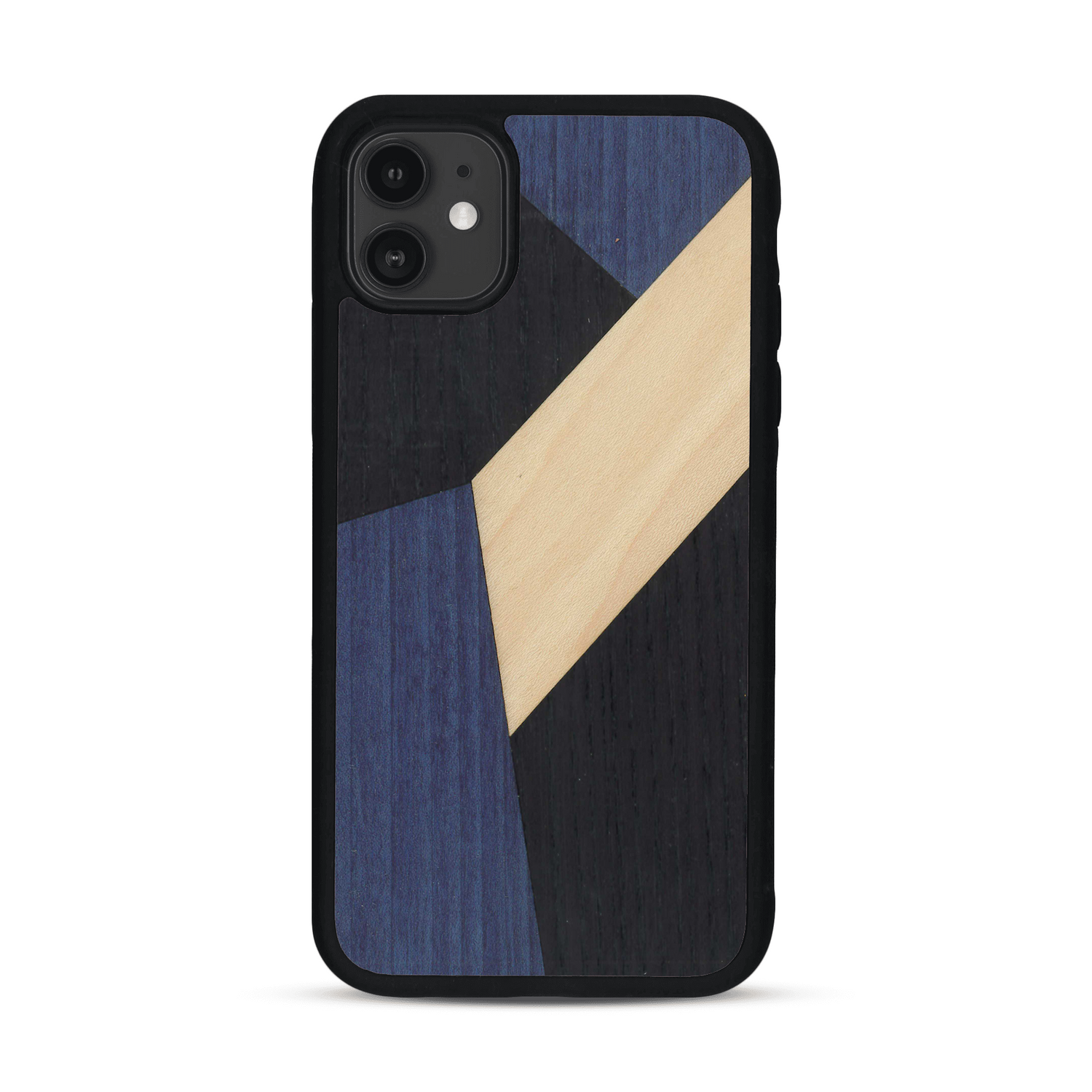 Coque de protection en bois véritable fabriquée en France pour  alliant du bambou, du tulipier bleu et noir en forme de mosaïque minimaliste sur le thème de l'art abstrait