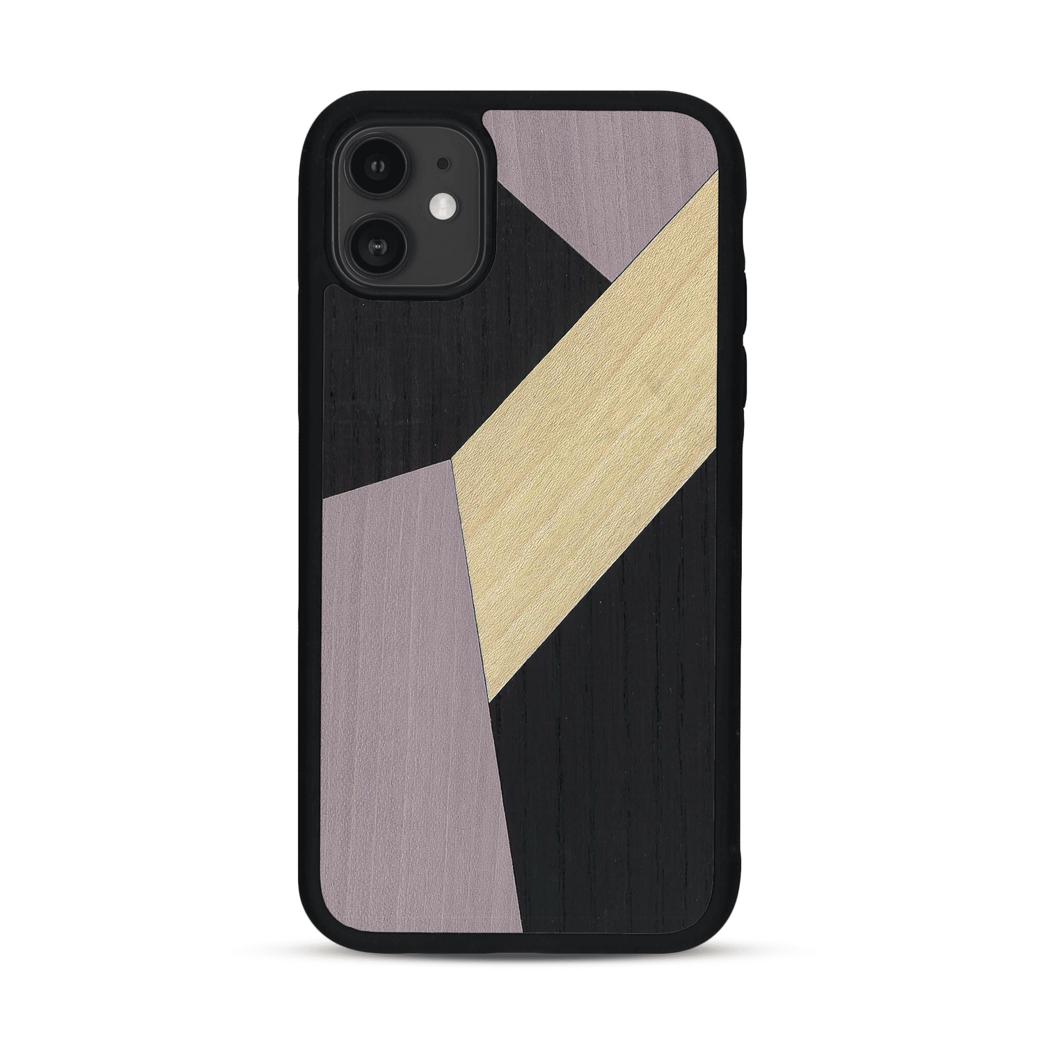 Coque de protection en bois véritable fabriquée en France pour  alliant du bambou, du tulipier mauve et noir en forme de mosaïque minimaliste sur le thème de l'art abstrait