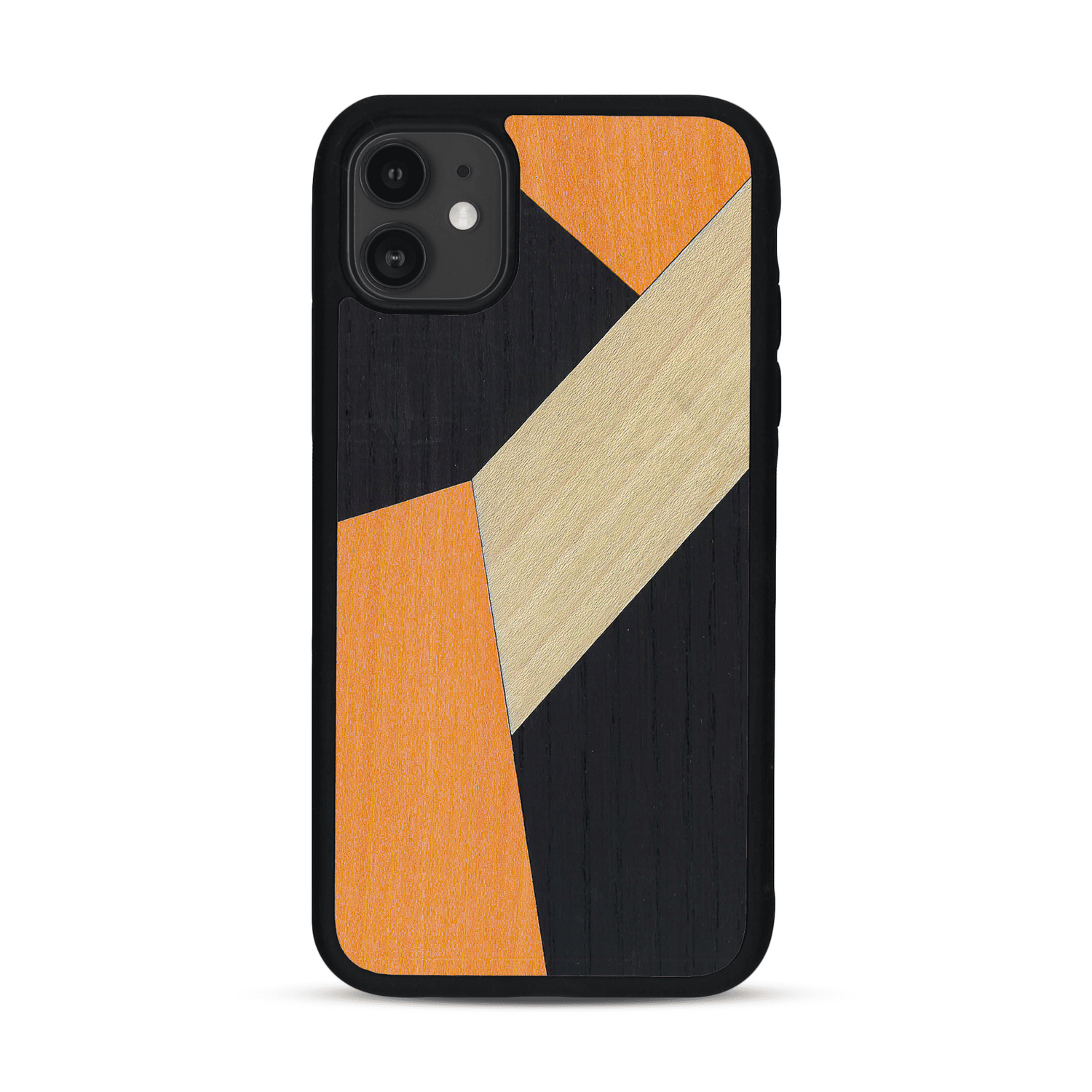 Coque de protection en bois véritable fabriquée en France pour  alliant du bambou, du tulipier orange et noir en forme de mosaïque minimaliste sur le thème de l'art abstrait