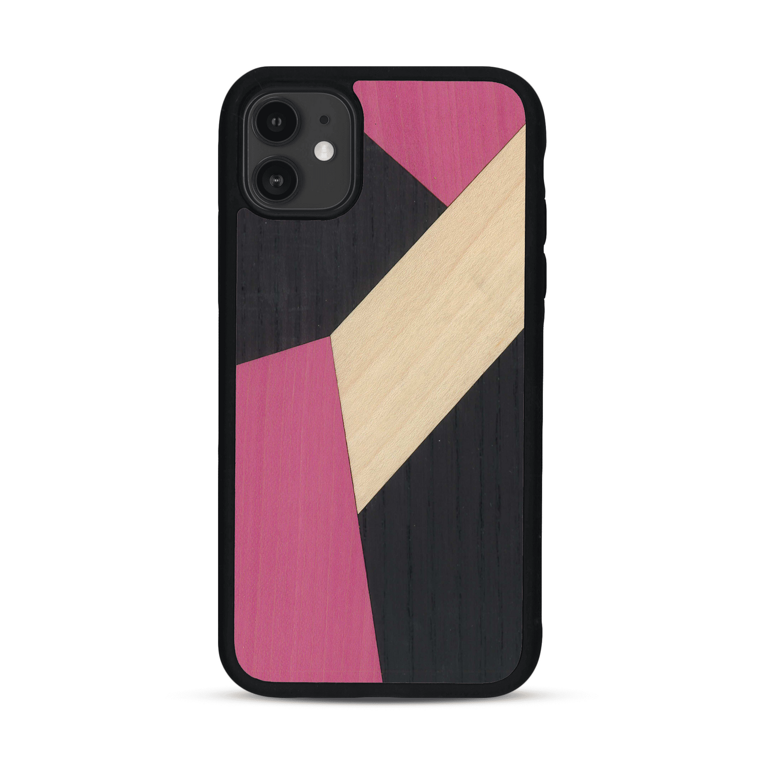 Coque de protection en bois véritable fabriquée en France pour  alliant du bambou, du tulipier rose et noir en forme de mosaïque minimaliste sur le thème de l'art abstrait