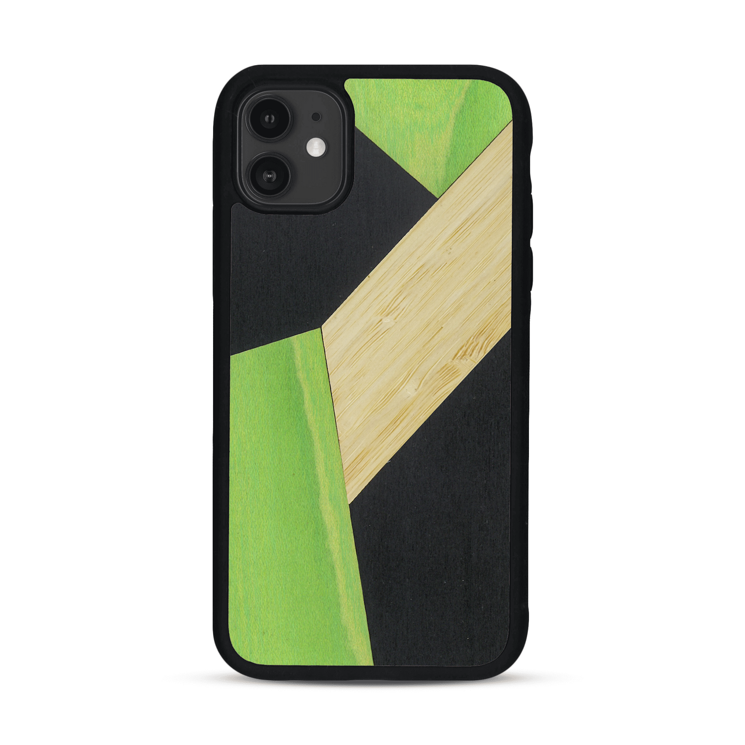 Coque de protection en bois véritable fabriquée en France pour  alliant du bambou, du tulipier vert et noir en forme de mosaïque minimaliste sur le thème de l'art abstrait