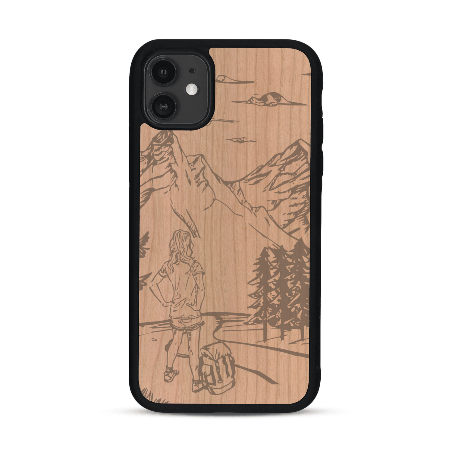 Coque de protection en bois véritable fabriquée en France pour  sur le thème de la randonnée en montagne et de l'aventure avec une gravure représentant une femme de dos face à un paysage de nature