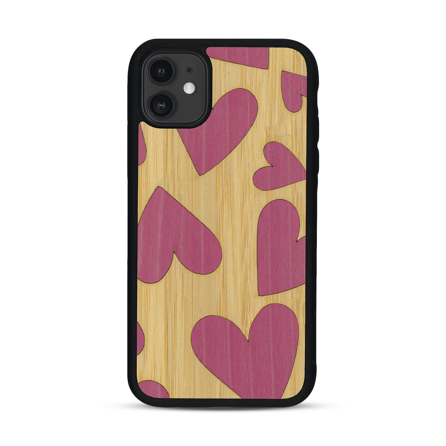 Coque de protection en bois véritable fabriquée en France pour  alliant plusieurs essences de bois pour représenter des coeurs pour les amoureux