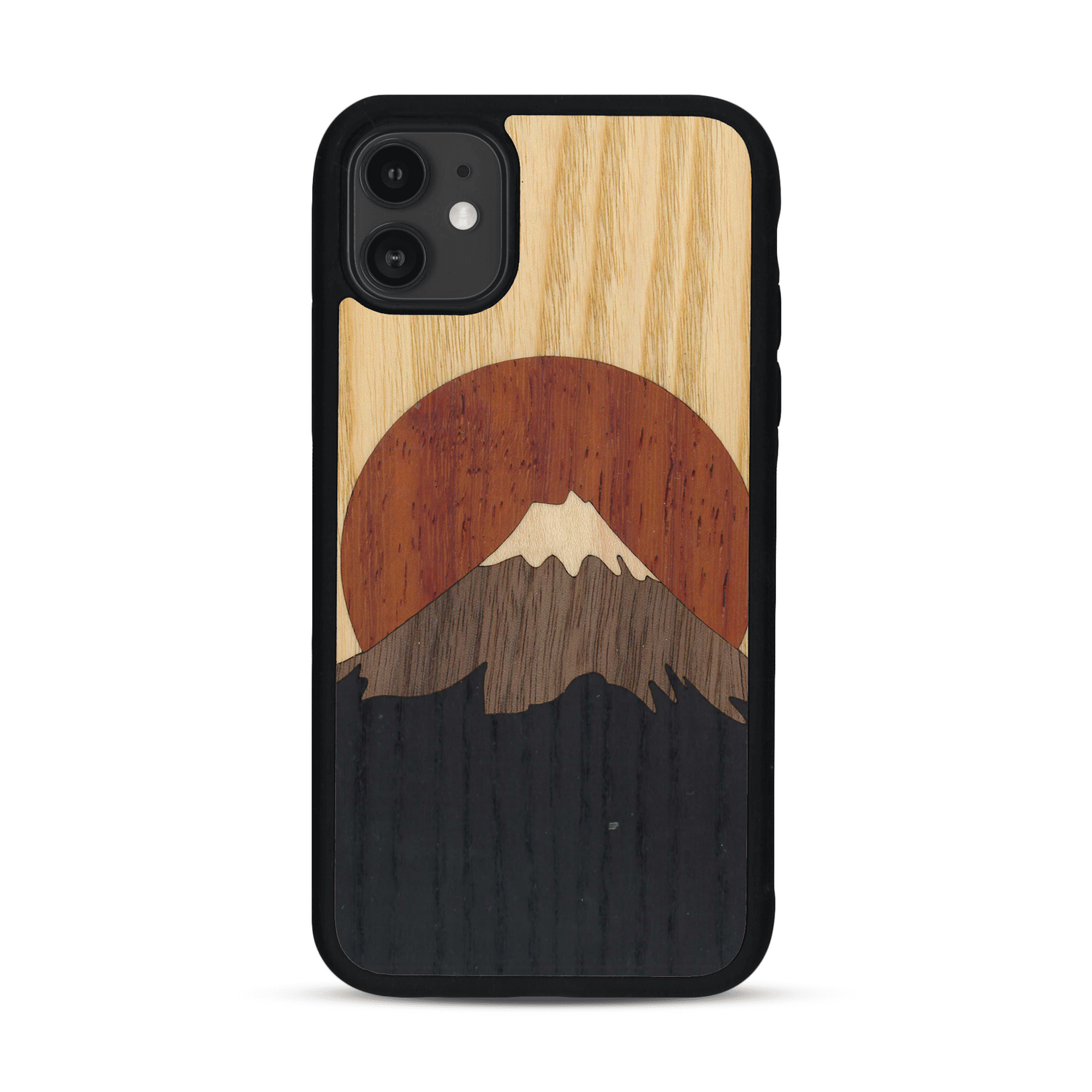 Coque de protection en bois véritable fabriquée en France pour  alliant plusieurs essences de bois pour représenter le mont Fuji