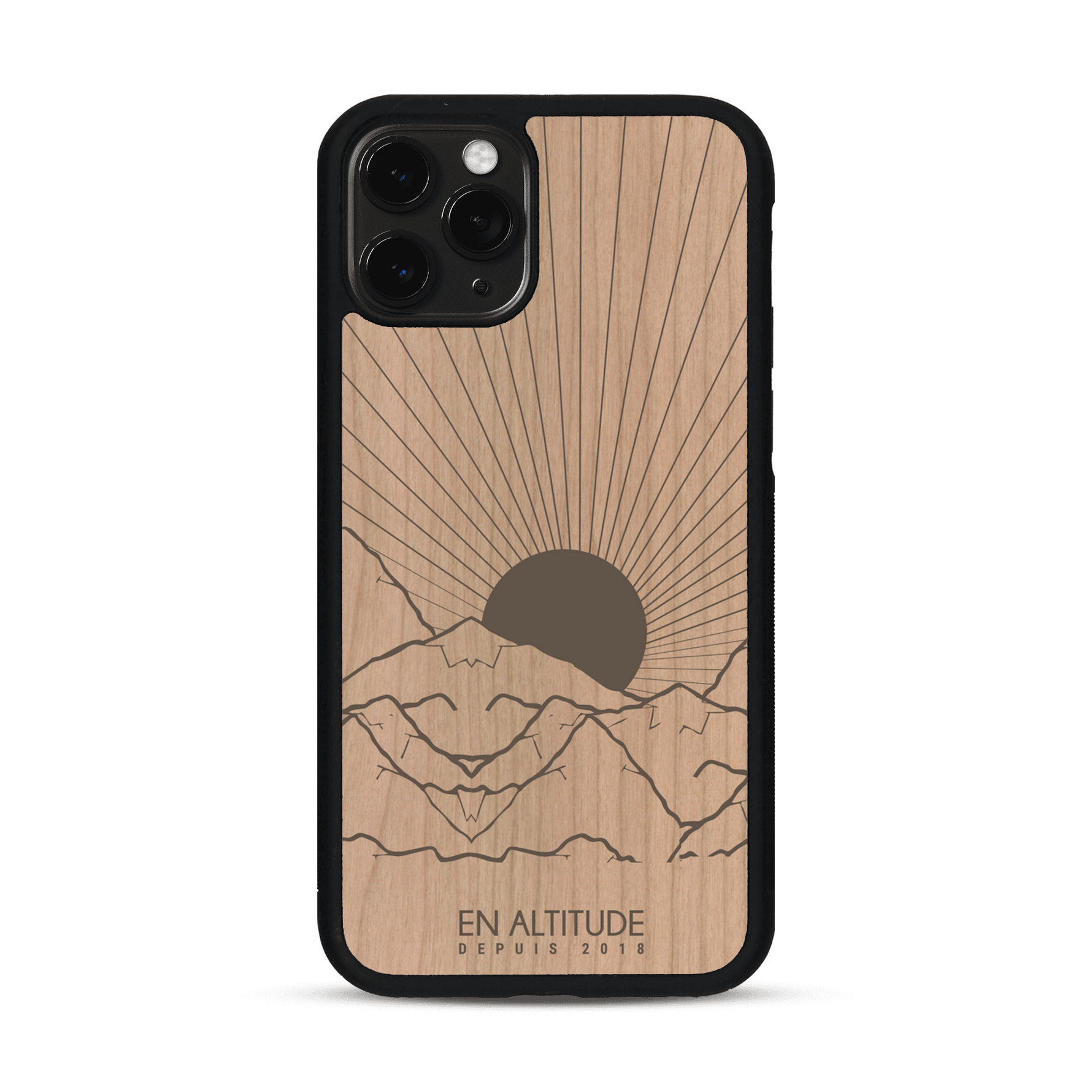 Coque de protection en bois véritable fabriquée en France pour  représentant des montagnes, sur le thème de la randonnée en pleine nature et du trail