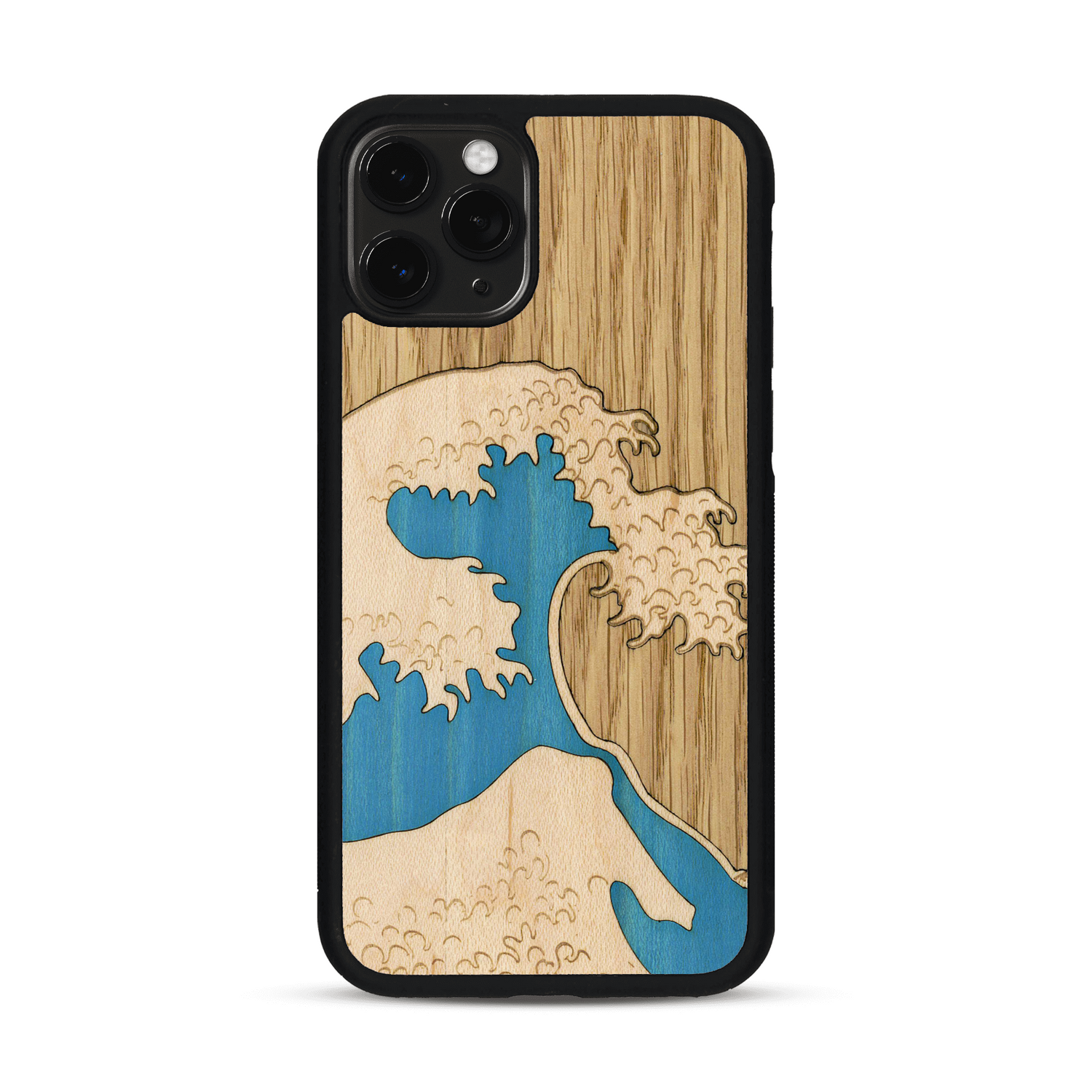 Coque de protection en bois véritable fabriquée en France pour  alliant plusieurs essences de bois pour représenter la célèbre grande vague de Kanagawa