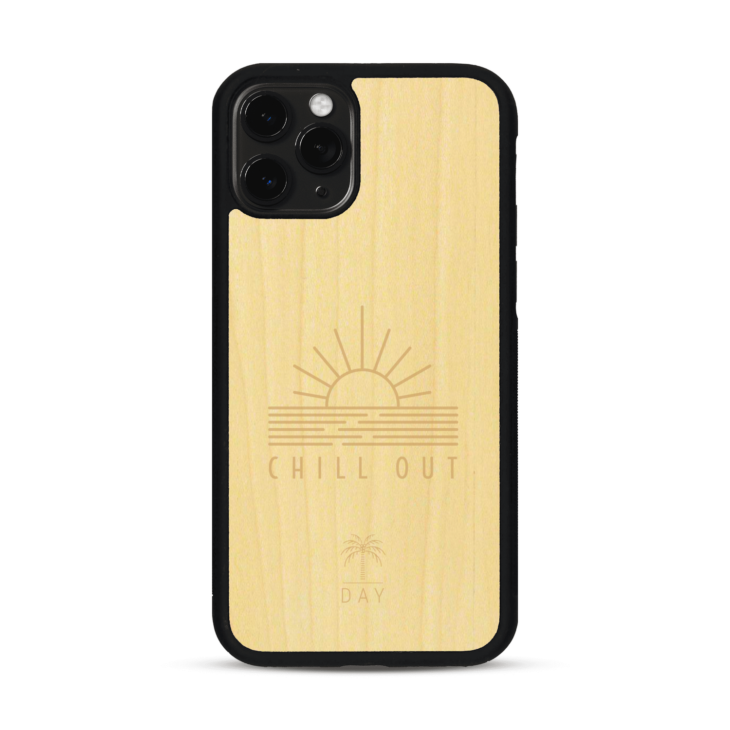 Coque de protection en bois véritable fabriquée en France pour  sur le thème chill avec un motif représentant un couché de soleil sur l'océan et la phrase "Chill out"