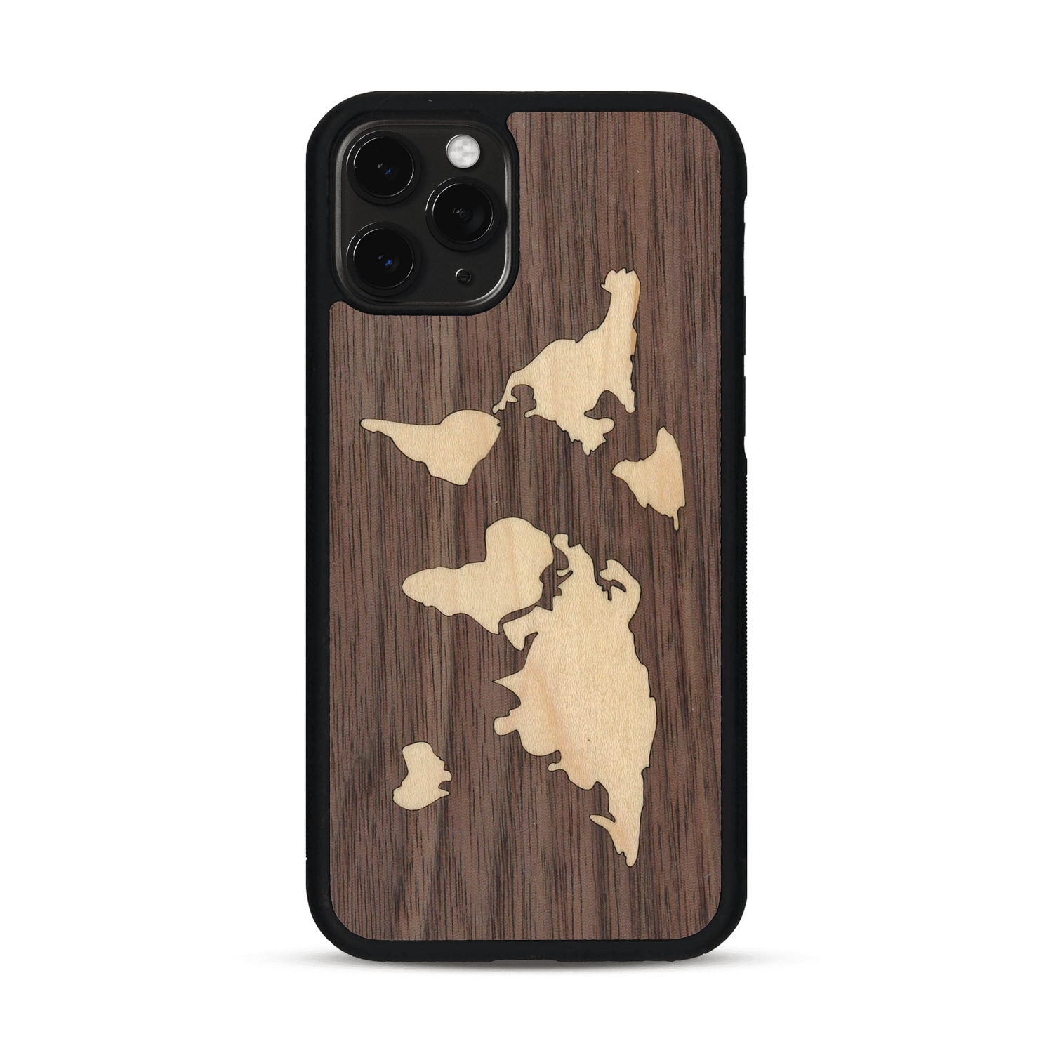 Coque de protection en bois véritable fabriquée en France pour  alliant du bambou et du noyer sur le thème du voyage et de l'aventure représentant une mappemonde