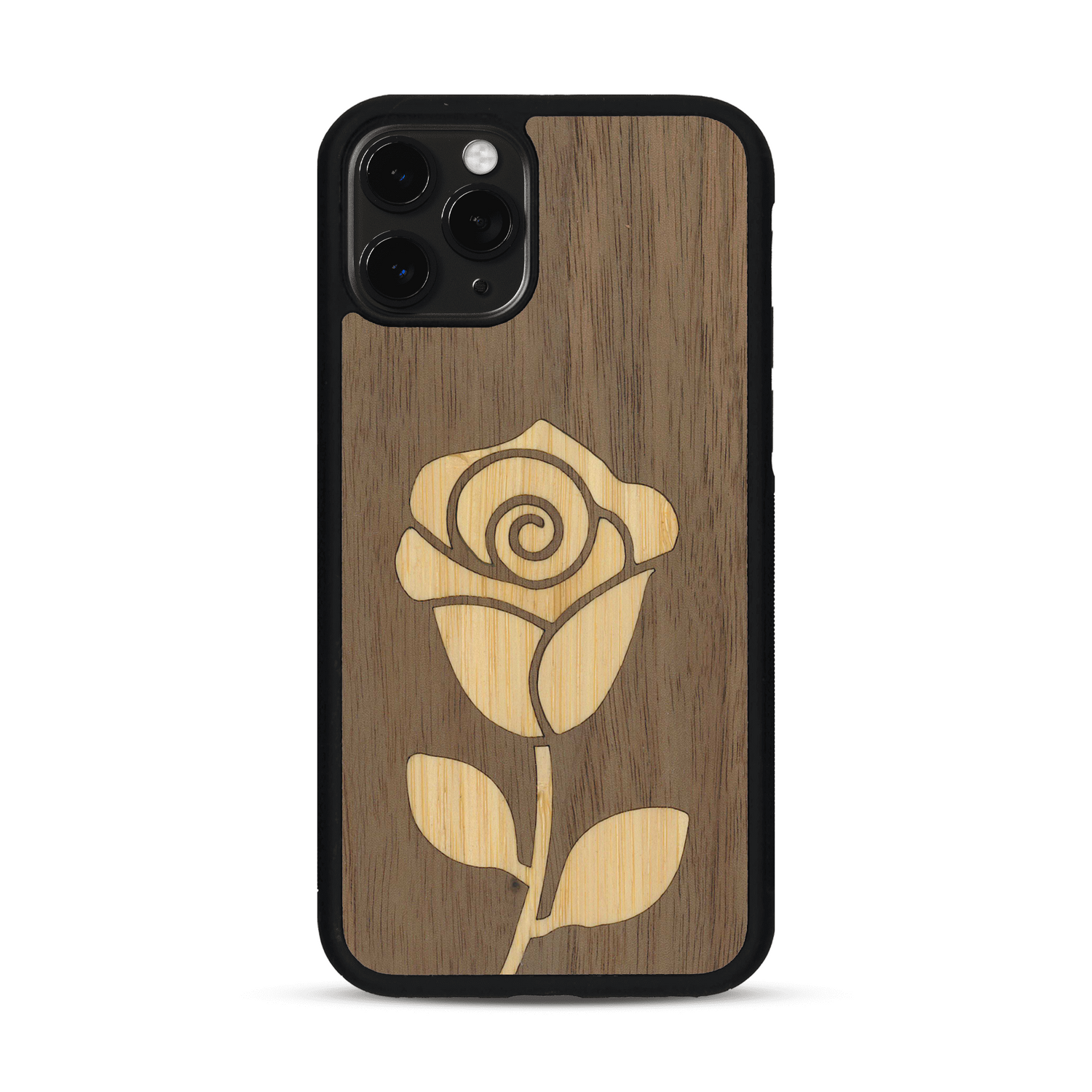 Coque de protection en bois véritable fabriquée en France pour  alliant plusieurs essences de bois pour représenter une rose