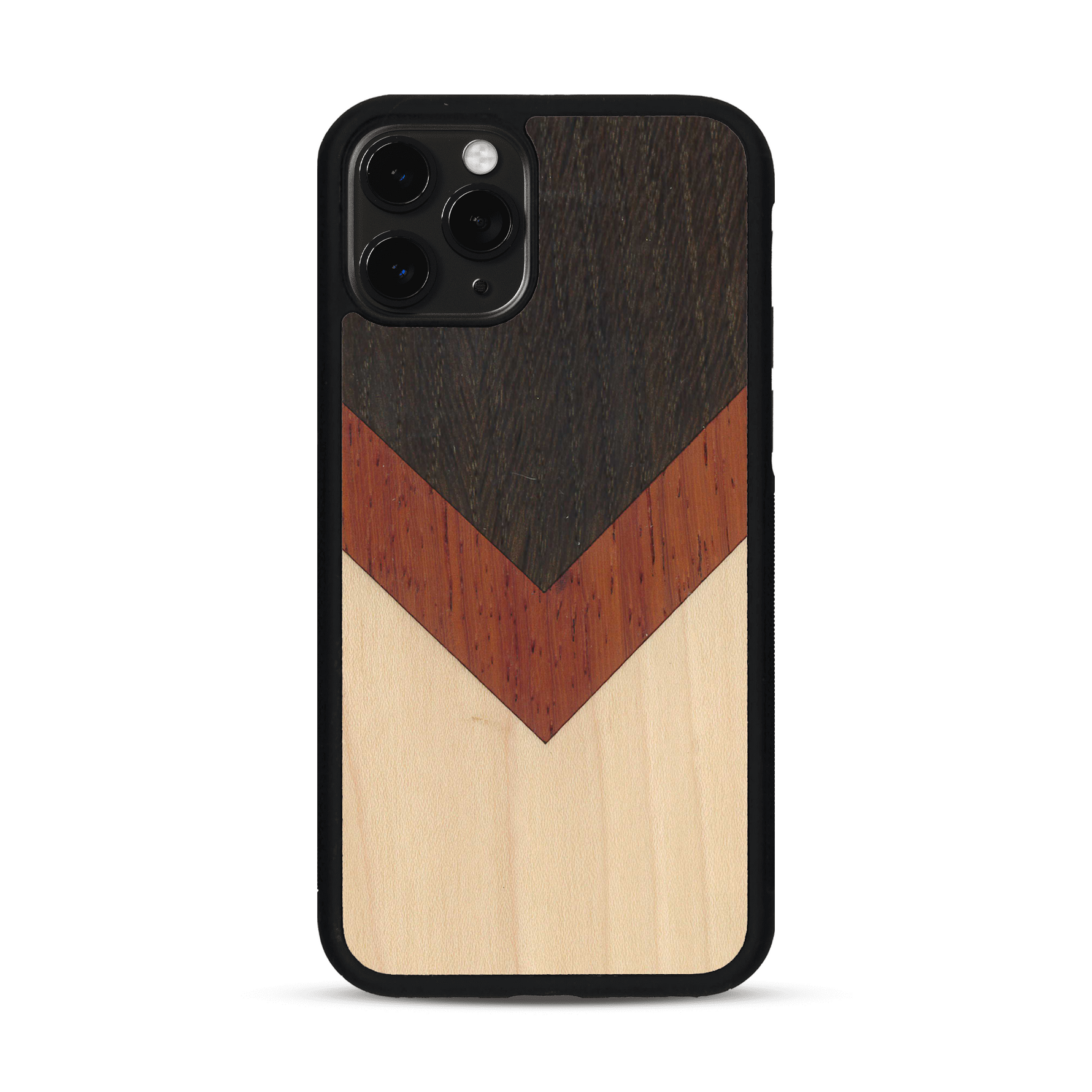 Coque de protection en bois véritable fabriquée en France pour  alliant du chêne fumé, du padouk et du bambou en forme de chevron sur le thème de l'art abstrait
