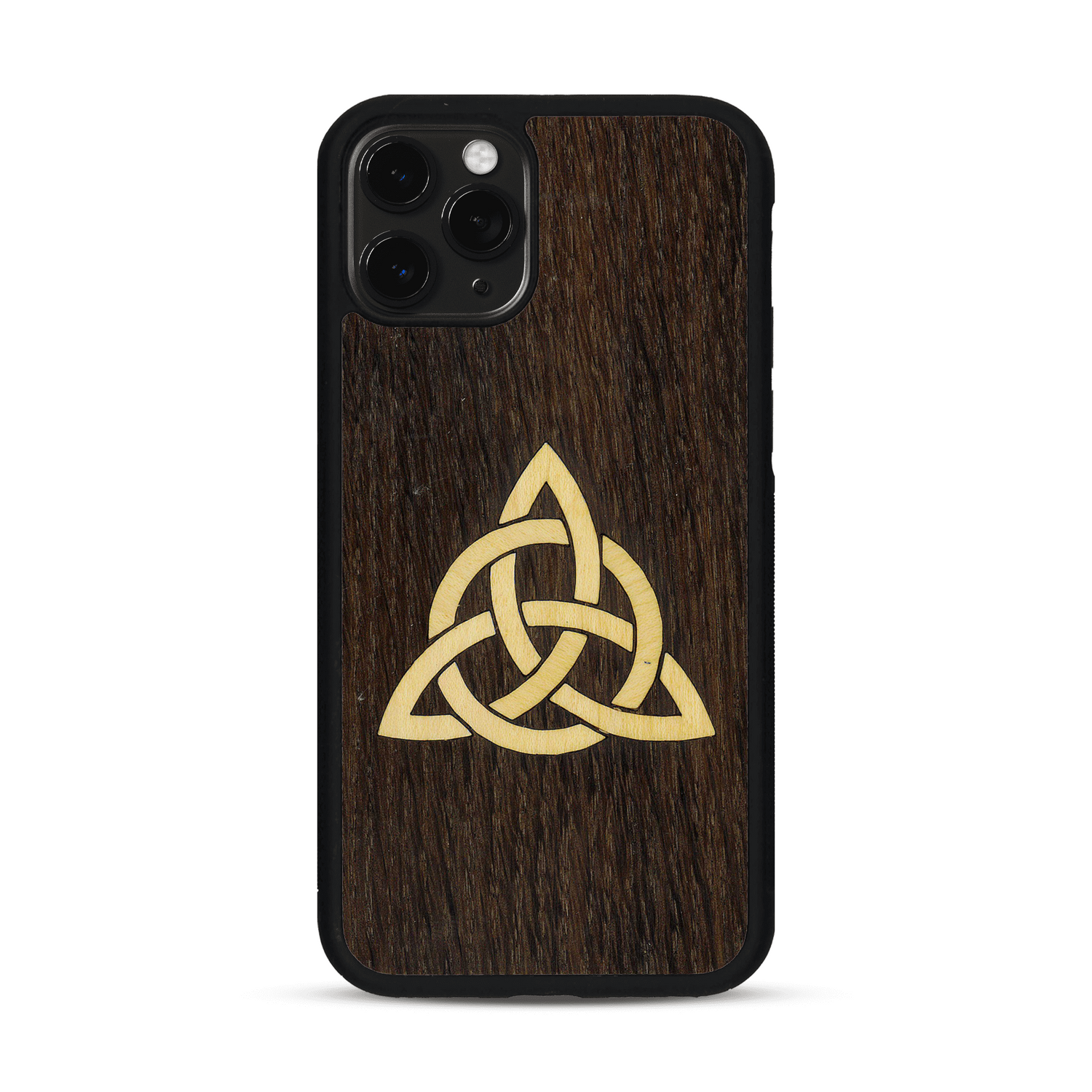 Coque de protection en bois véritable fabriquée en France pour  alliant du chêne fumé et du bambou représentant une triquetra
