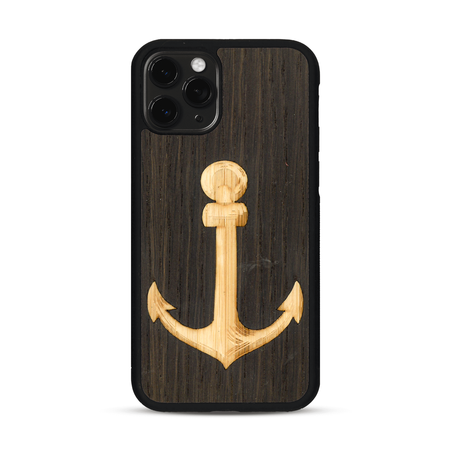 Coque de protection en bois véritable fabriquée en France pour  sur le thème nautique avec un bois clair et un bois foncé représentant une ancre de bateau