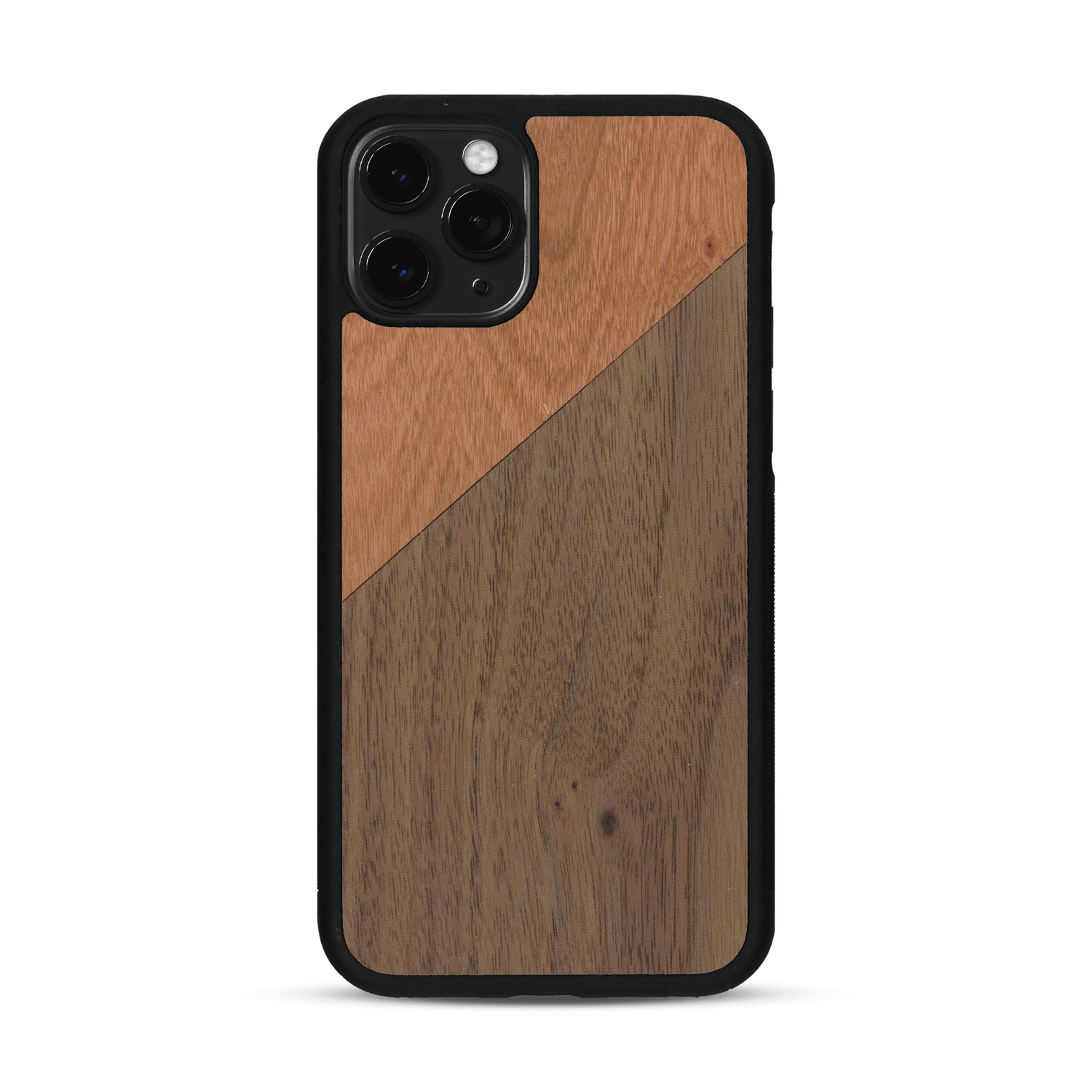 Coque de protection en bois véritable fabriquée en France pour  alliant du merisier et du noyer formant chacun un triangle avec une jointure en diagonale sur le thème de l'art abstrait