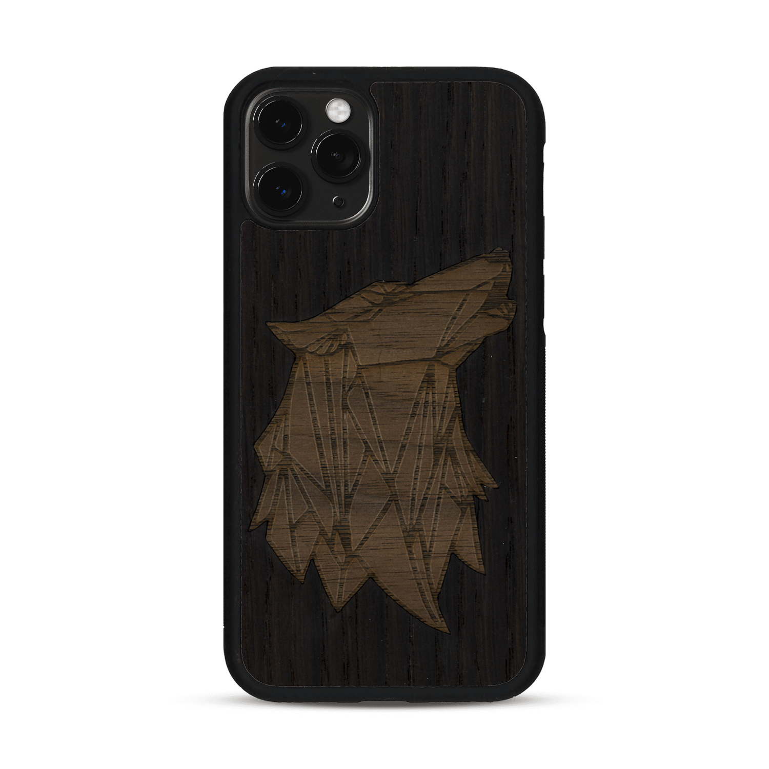 Coque de protection en bois véritable fabriquée en France pour  alliant du chêne fumé et du noyer représentant une tête de loup géométrique de profil sur le thème des animaux et de la nature