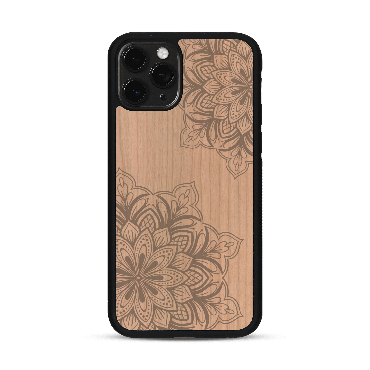 Coque de protection en bois véritable fabriquée en France pour  sur le thème de la bohème et du tatouage au henné avec une gravure représentant un mandala