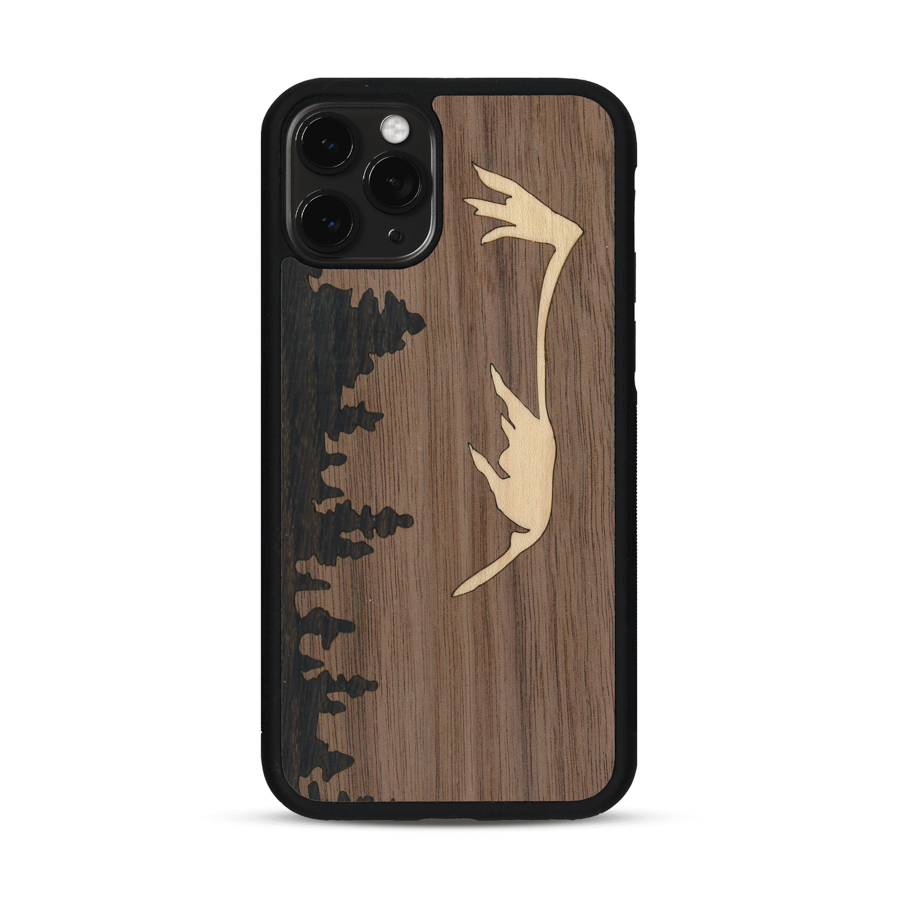 Coque de protection en bois véritable fabriquée en France pour  sur le thème de la nature et de la montagne qui allie du chêne fumé, du noyer et du bambou représentant le mont mézenc