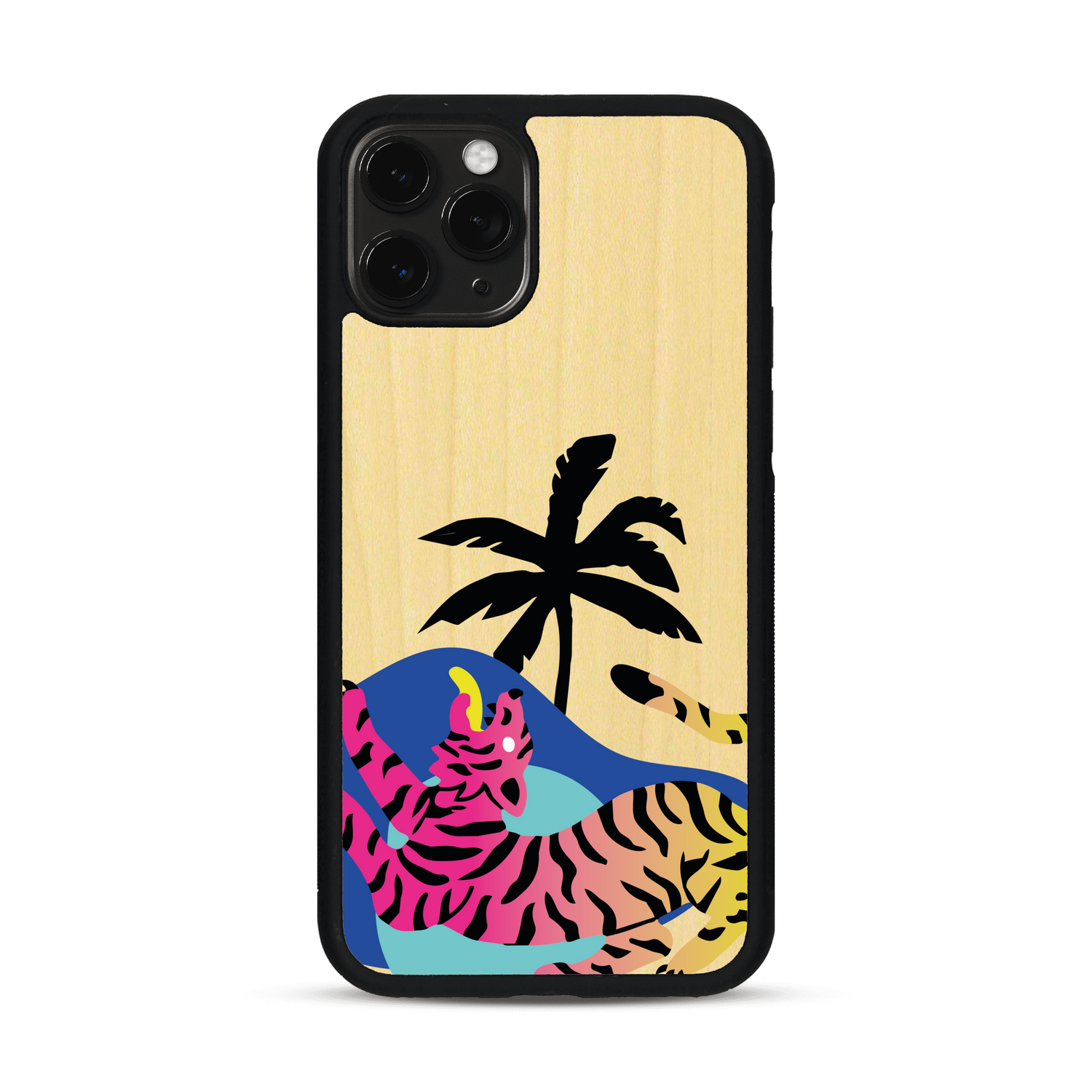 Coque de protection en bois véritable fabriquée en France pour iPhone 11 Pro représentant un tigre coloré avec un design moderne et minimaliste sur le thème de la jungle et de la nature