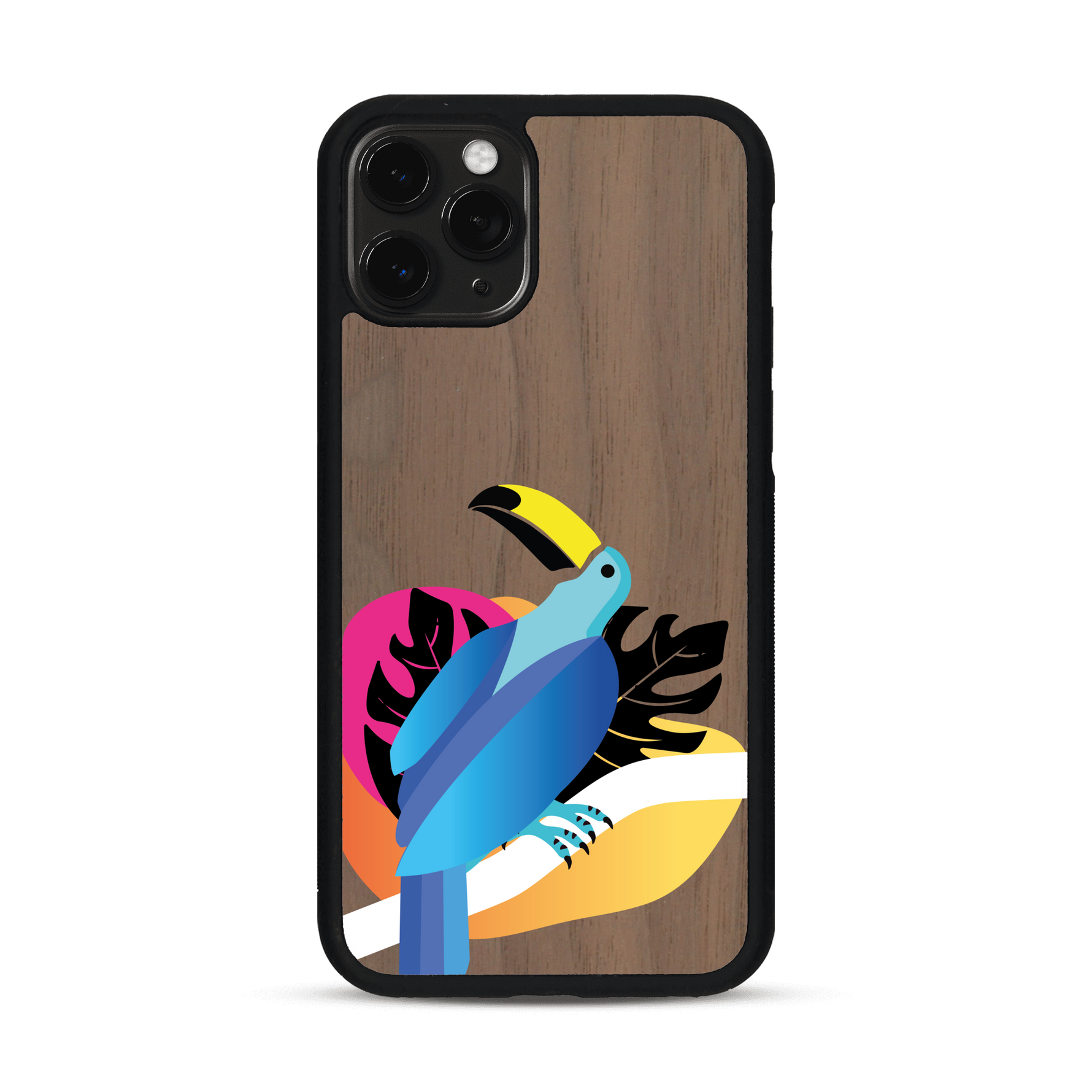 Coque de protection en bois véritable fabriquée en France pour iPhone 11 Pro représentant un toucan coloré avec un design moderne et minimaliste sur le thème de la jungle et de la nature