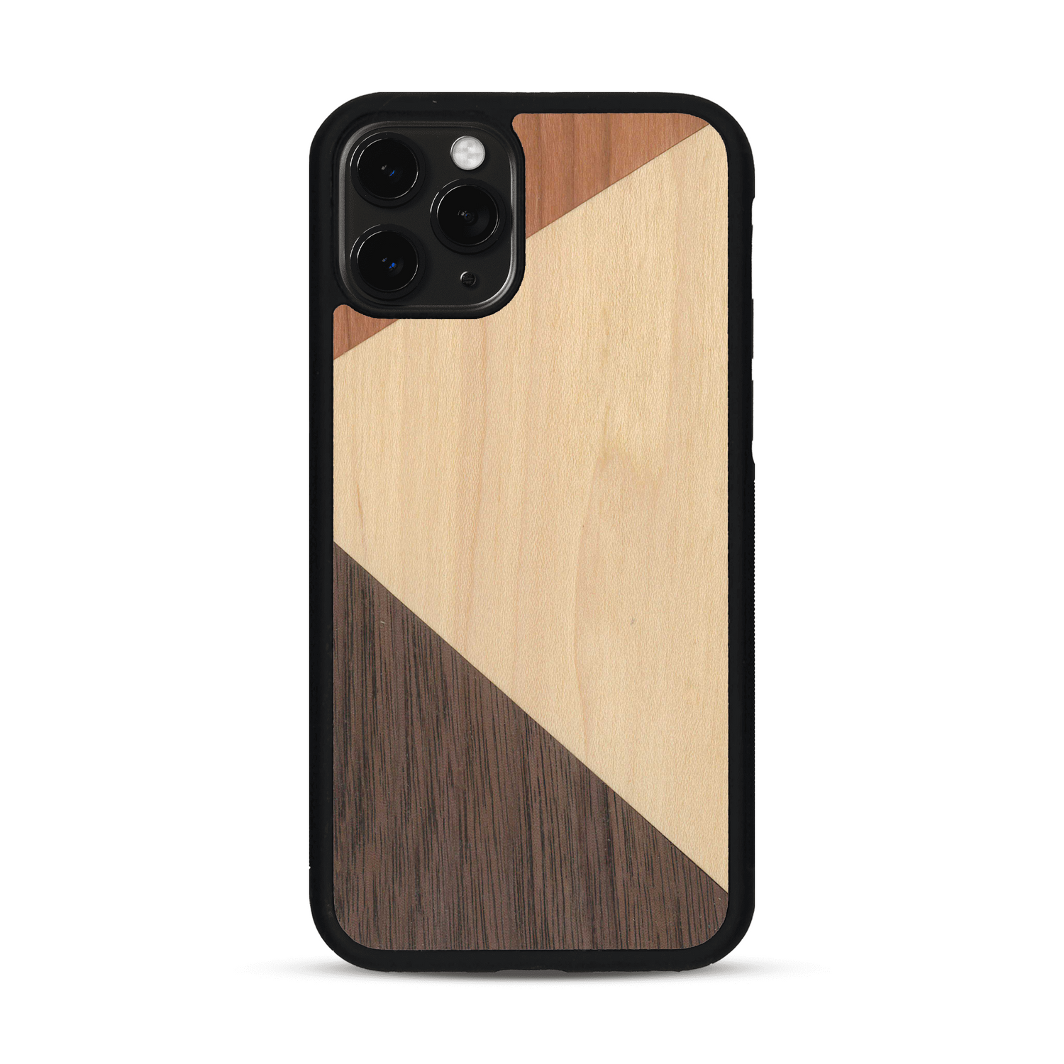 Coque de protection en bois véritable fabriquée en France pour  alliant du merisier, du noyer et du bambou formant chacun deux triangles et un trapèze avec deux jointures en diagonale sur le thème de l'art abstrait