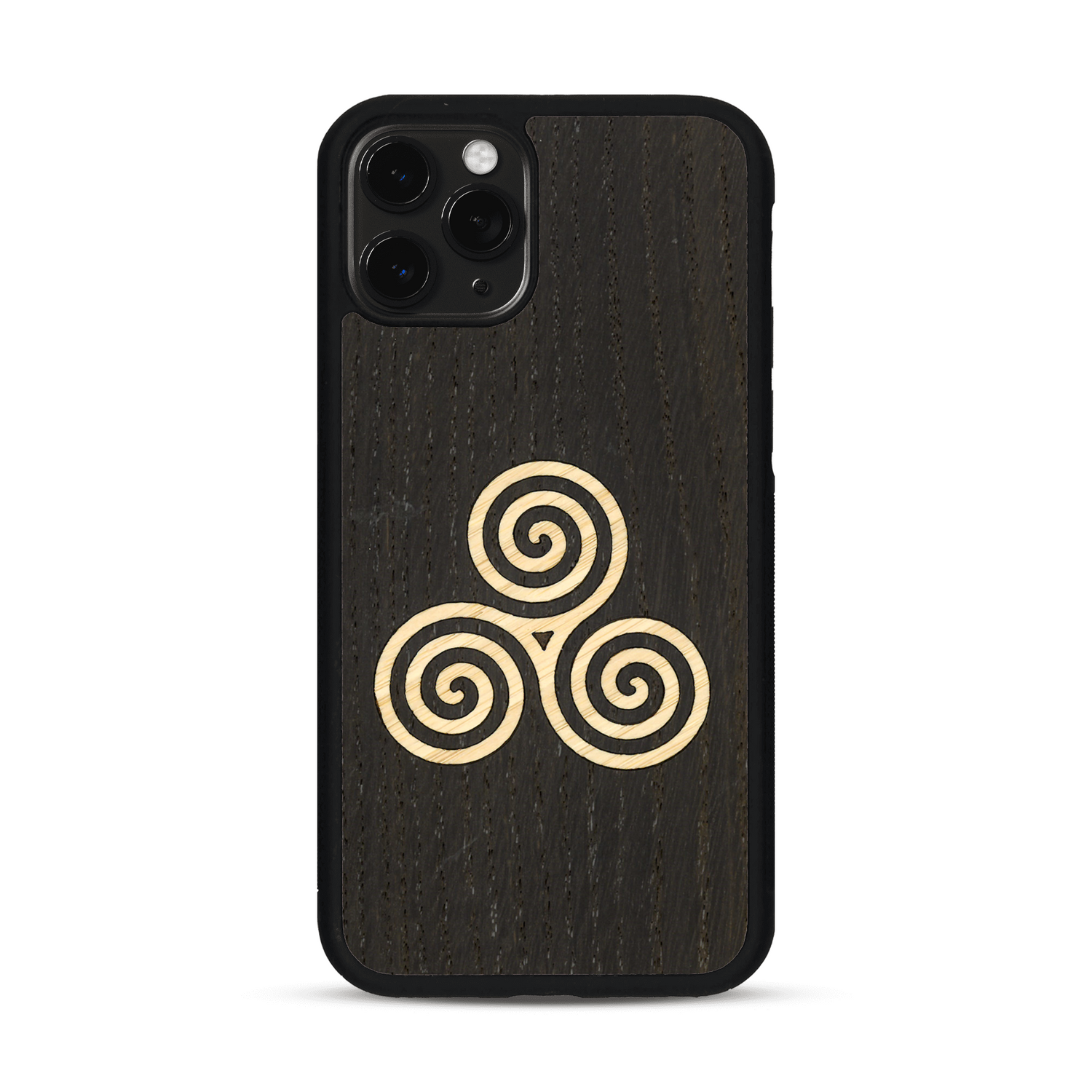 Coque de protection en bois véritable fabriquée en France pour  alliant du chêne fumé et du bambou et doré représentant un triskell