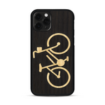 Coque de protection en bois véritable fabriquée en France pour  sur le theme du vélo et de l'outdoor qui allie du bambou et du chêne fumé représentant un vélo