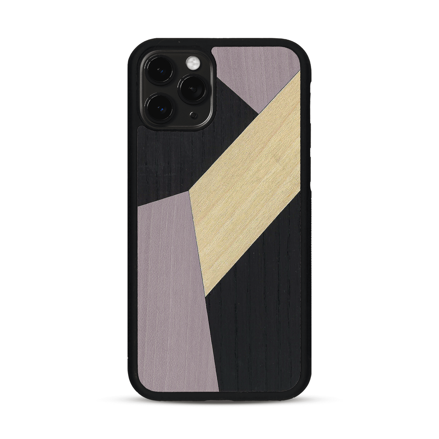 Coque de protection en bois véritable fabriquée en France pour  alliant du bambou, du tulipier mauve et noir en forme de mosaïque minimaliste sur le thème de l'art abstrait