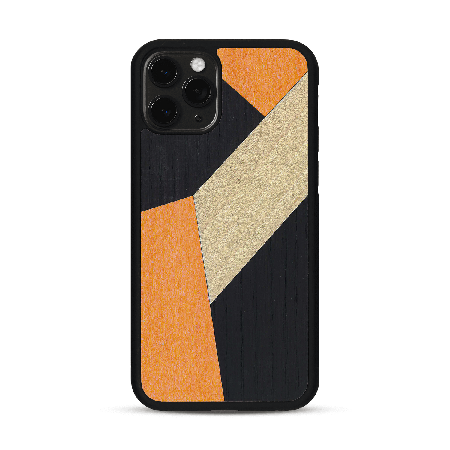 Coque de protection en bois véritable fabriquée en France pour  alliant du bambou, du tulipier orange et noir en forme de mosaïque minimaliste sur le thème de l'art abstrait