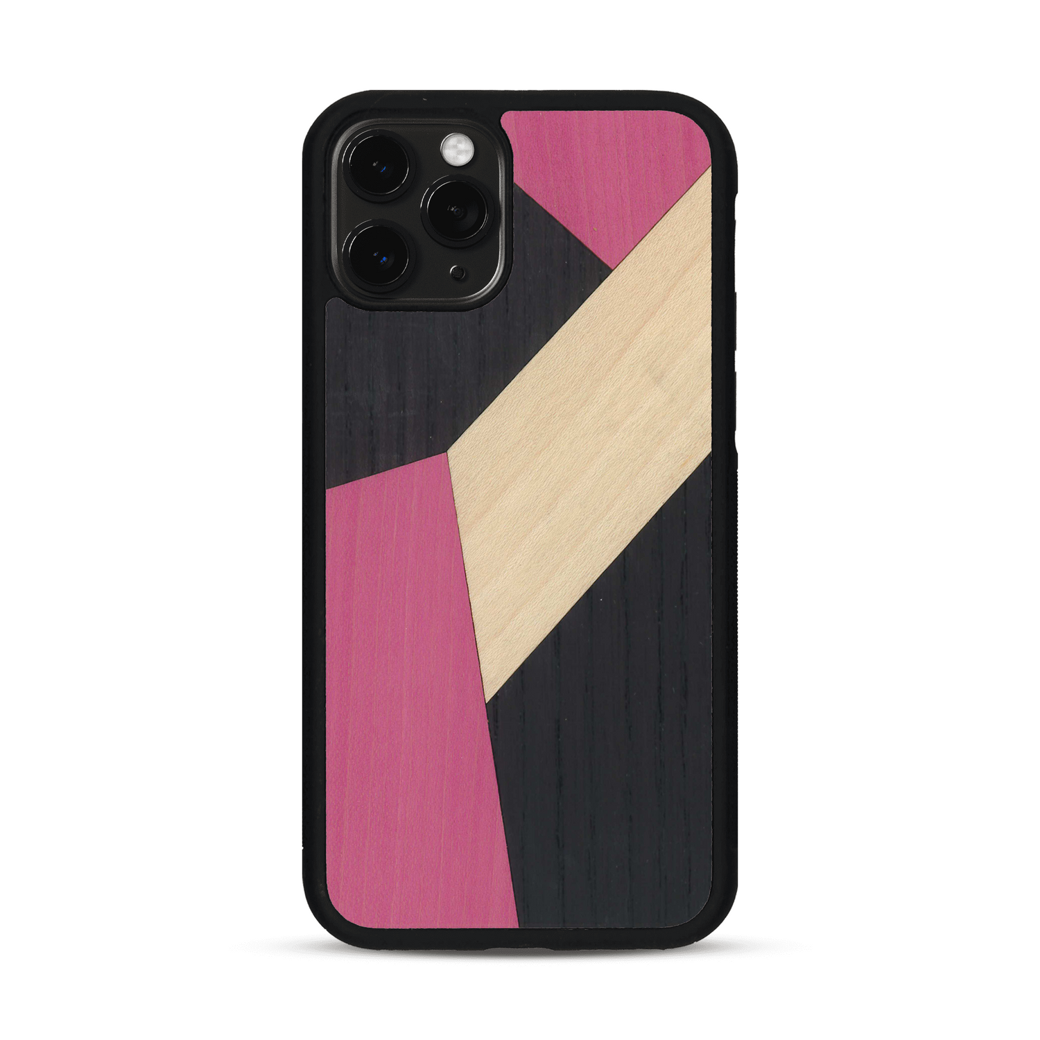Coque de protection en bois véritable fabriquée en France pour  alliant du bambou, du tulipier rose et noir en forme de mosaïque minimaliste sur le thème de l'art abstrait