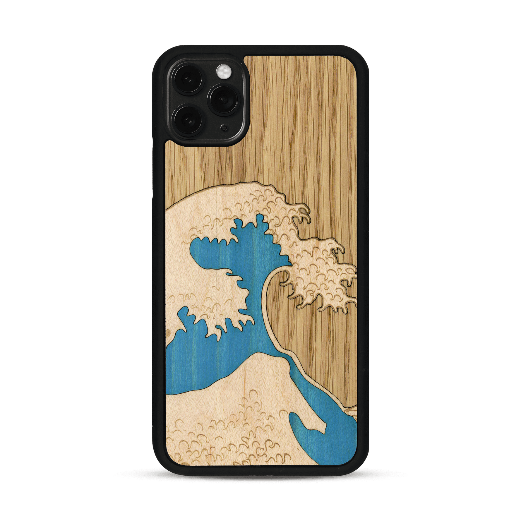 Coque de protection en bois véritable fabriquée en France pour  alliant plusieurs essences de bois pour représenter la célèbre grande vague de Kanagawa