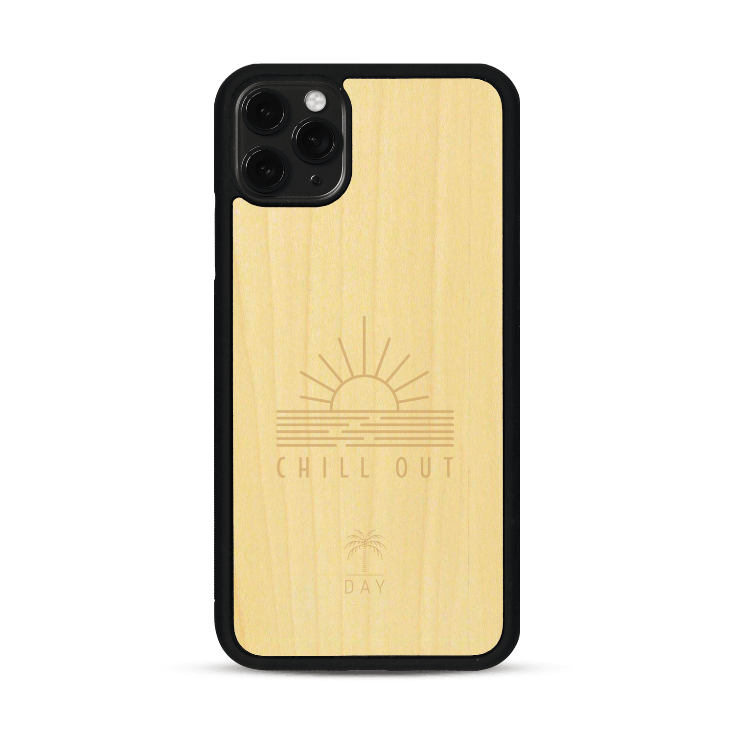 Coque de protection en bois véritable fabriquée en France pour  sur le thème chill avec un motif représentant un couché de soleil sur l'océan et la phrase "Chill out"