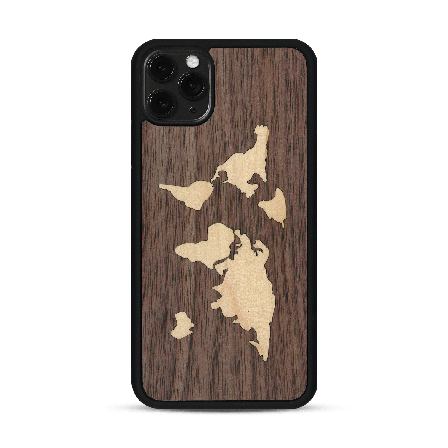 Coque de protection en bois véritable fabriquée en France pour  alliant du bambou et du noyer sur le thème du voyage et de l'aventure représentant une mappemonde