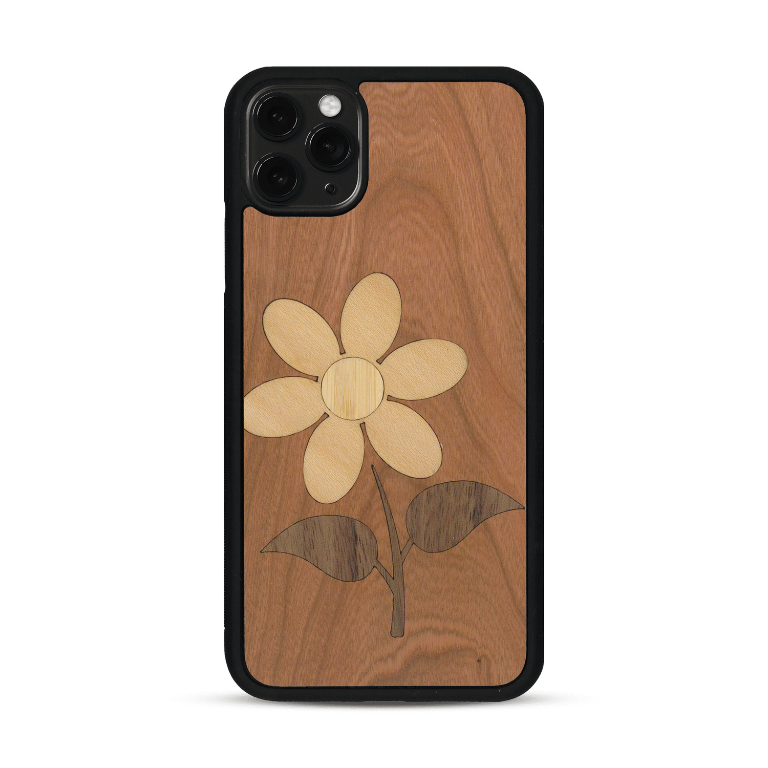 Coque de protection en bois véritable fabriquée en France pour  alliant plusieurs essences de bois pour représenter une marguerite