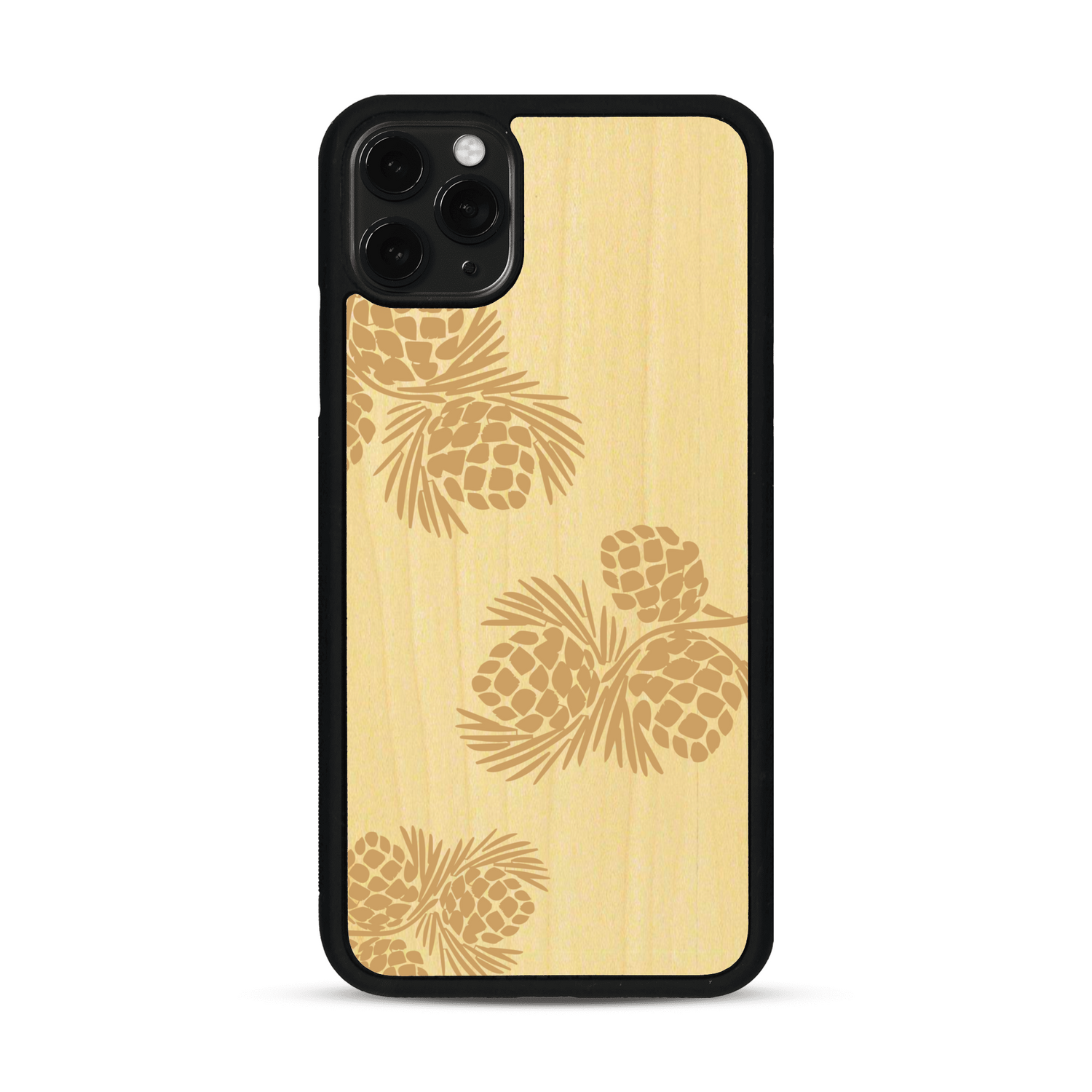 Coque de protection en bois véritable fabriquée en France pour  sur le thème de la nature des arbres avec un motif de gravure représentant des épines de sapin et des pommes de pin