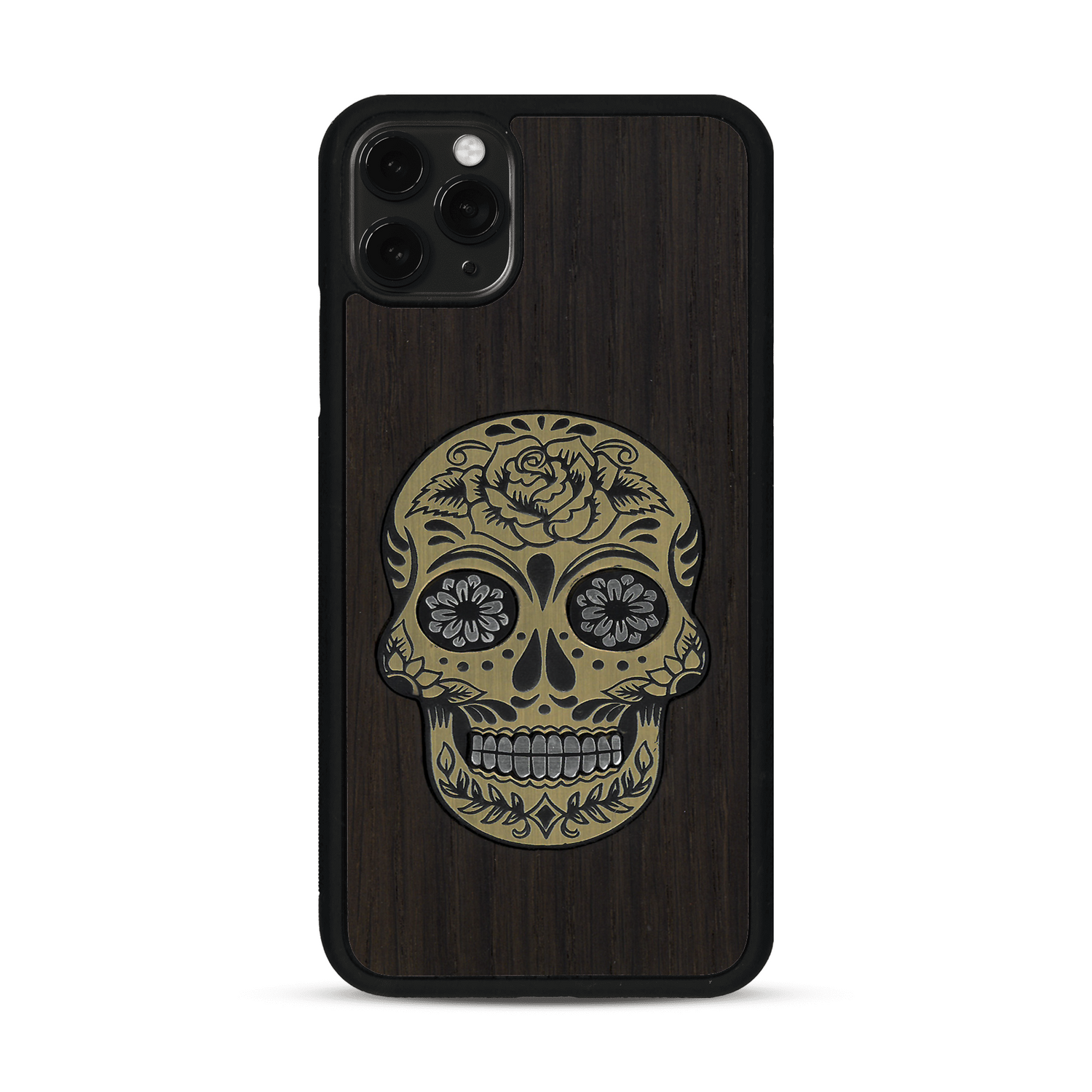 Coque de protection en bois véritable fabriquée en France pour  alliant du chêne fumé avec du métal argenté et doré représentant une tête de mort mexicaine sur le thème Dia de los Muertos