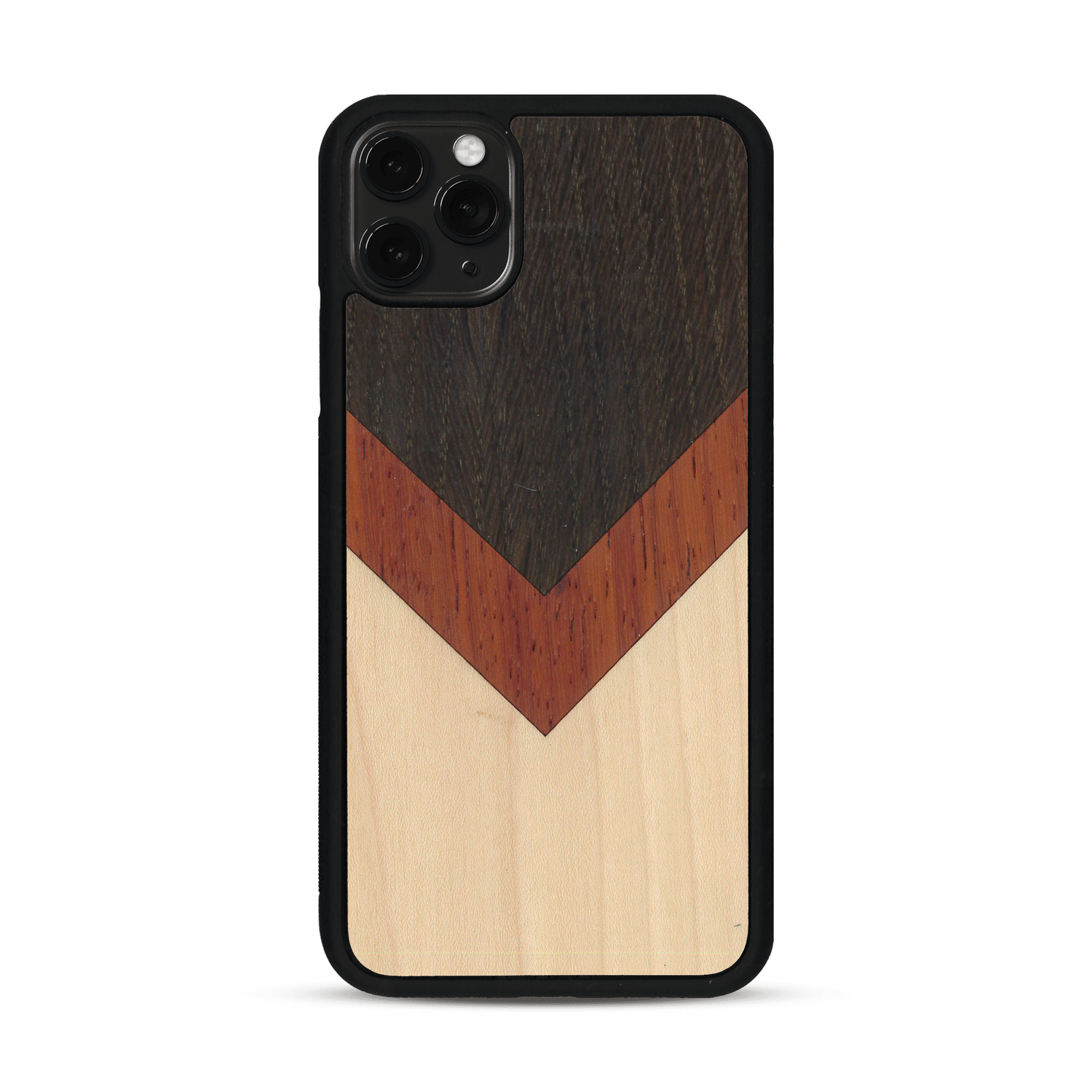 Coque de protection en bois véritable fabriquée en France pour  alliant du chêne fumé, du padouk et du bambou en forme de chevron sur le thème de l'art abstrait