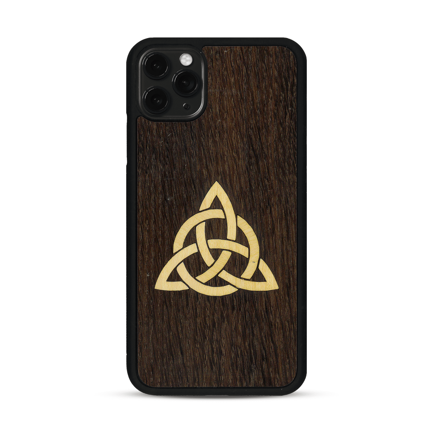 Coque de protection en bois véritable fabriquée en France pour  alliant du chêne fumé et du bambou représentant une triquetra