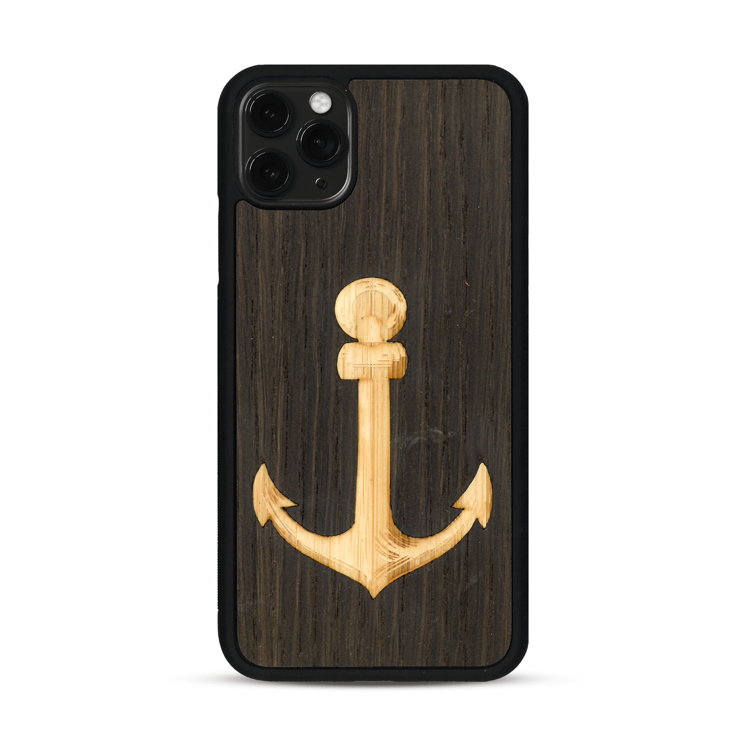 Coque de protection en bois véritable fabriquée en France pour  sur le thème nautique avec un bois clair et un bois foncé représentant une ancre de bateau