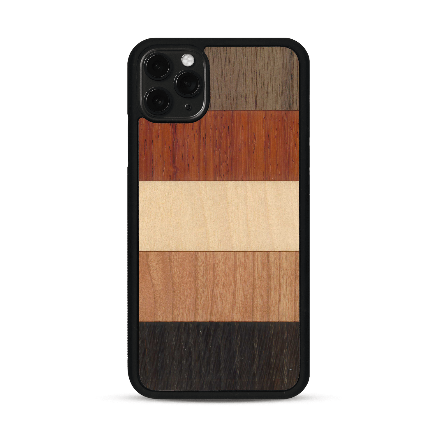 Coque de protection en bois véritable fabriquée en France pour  alliant des bandes horizontales de bambou, merisier, padouk, noyer et chêne fumé