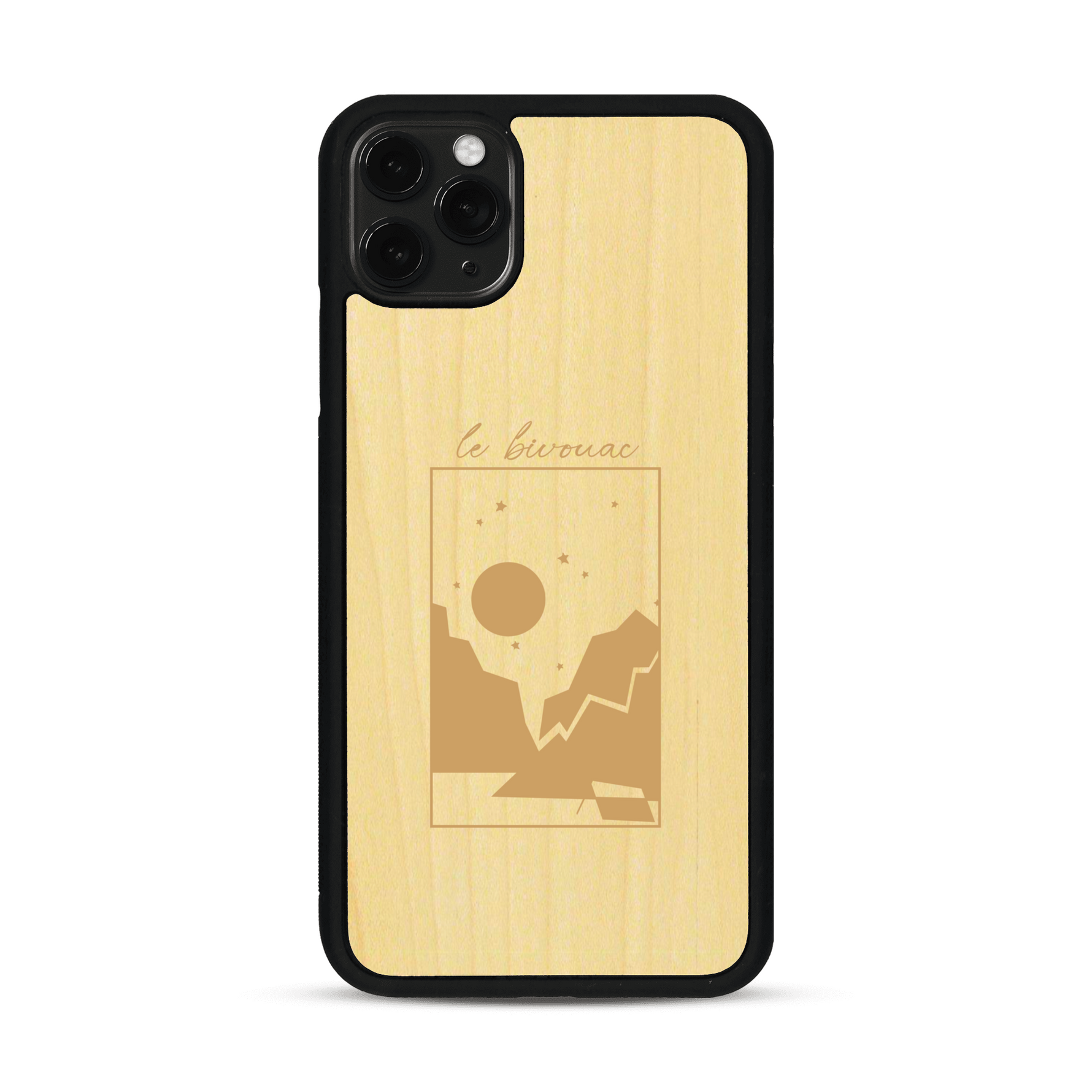 Coque de protection en bois véritable fabriquée en France pour  sur le thème du camping en pleine nature et du bivouac avec la phrase "Aventure is out there"