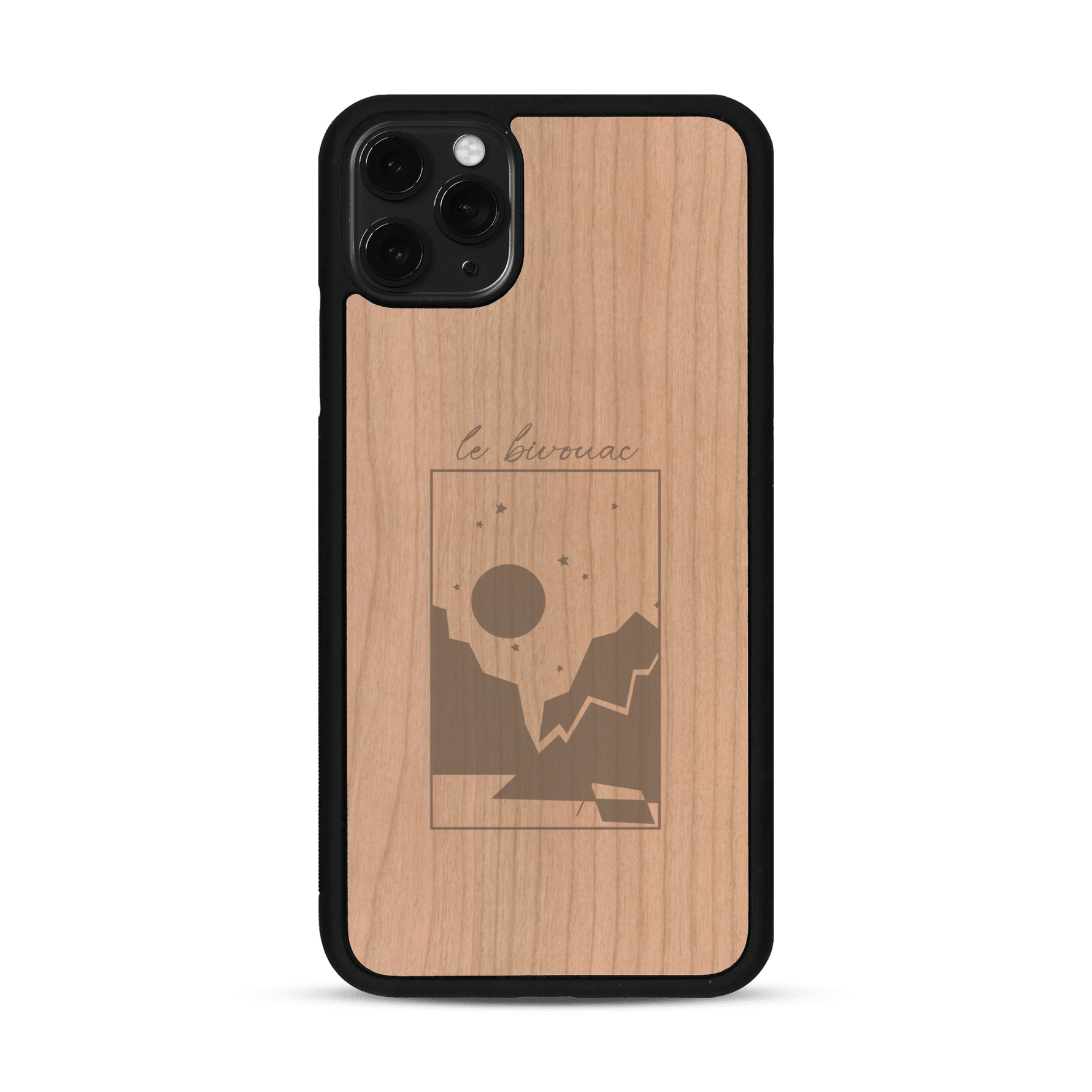 Coque de protection en bois véritable fabriquée en France pour  sur le thème du camping en pleine nature et du bivouac avec la phrase "Aventure is out there"