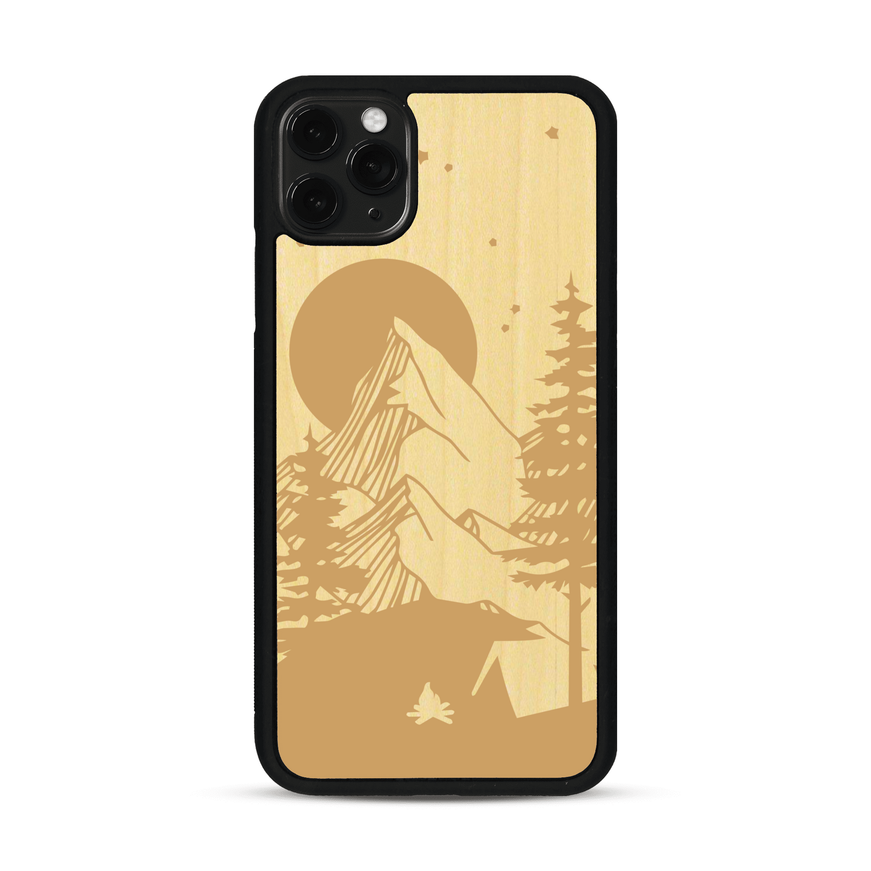 Coque de protection en bois véritable fabriquée en France pour  sur le thème du camping en pleine nature représentant une tente avec un feu de camp entouré de montagnes