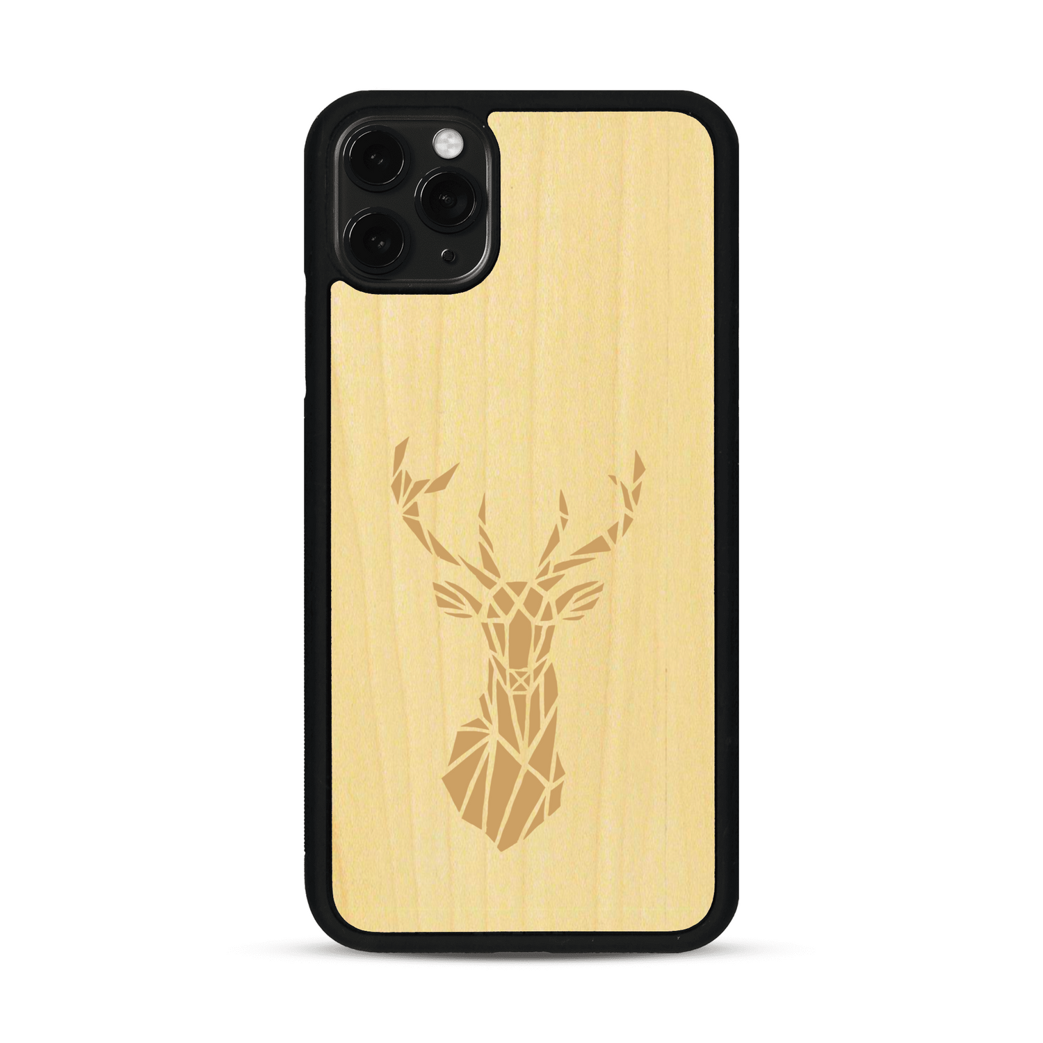 Coque de protection en bois véritable fabriquée en France pour  sur le thème de la nature et des animaux représentant une tête de cerf gométrique avec un design moderne et minimaliste