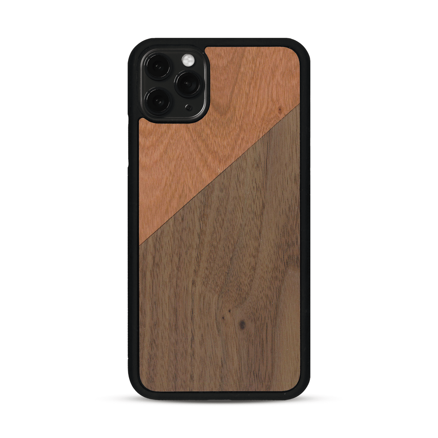 Coque de protection en bois véritable fabriquée en France pour  alliant du merisier et du noyer formant chacun un triangle avec une jointure en diagonale sur le thème de l'art abstrait