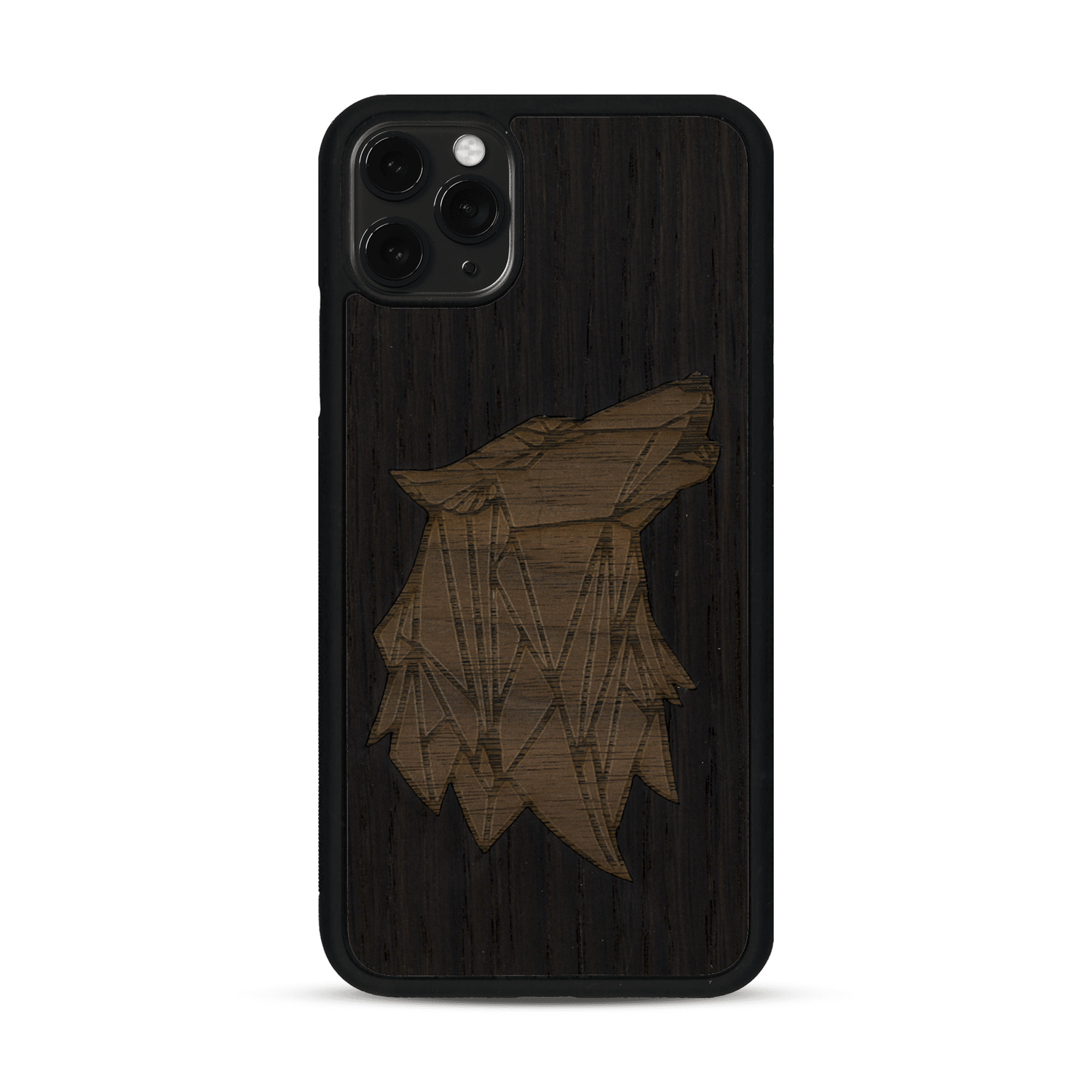 Coque de protection en bois véritable fabriquée en France pour  alliant du chêne fumé et du noyer représentant une tête de loup géométrique de profil sur le thème des animaux et de la nature