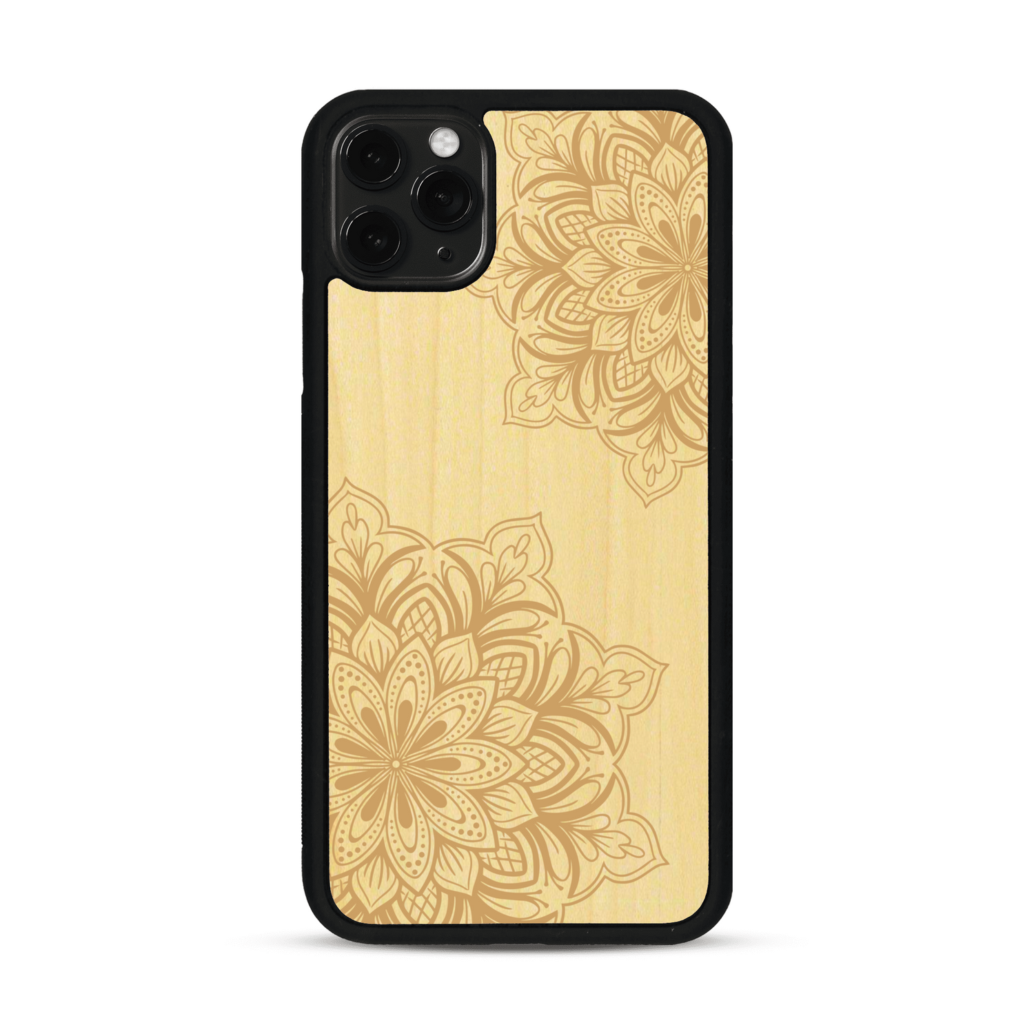 Coque de protection en bois véritable fabriquée en France pour  sur le thème de la bohème et du tatouage au henné avec une gravure représentant un mandala