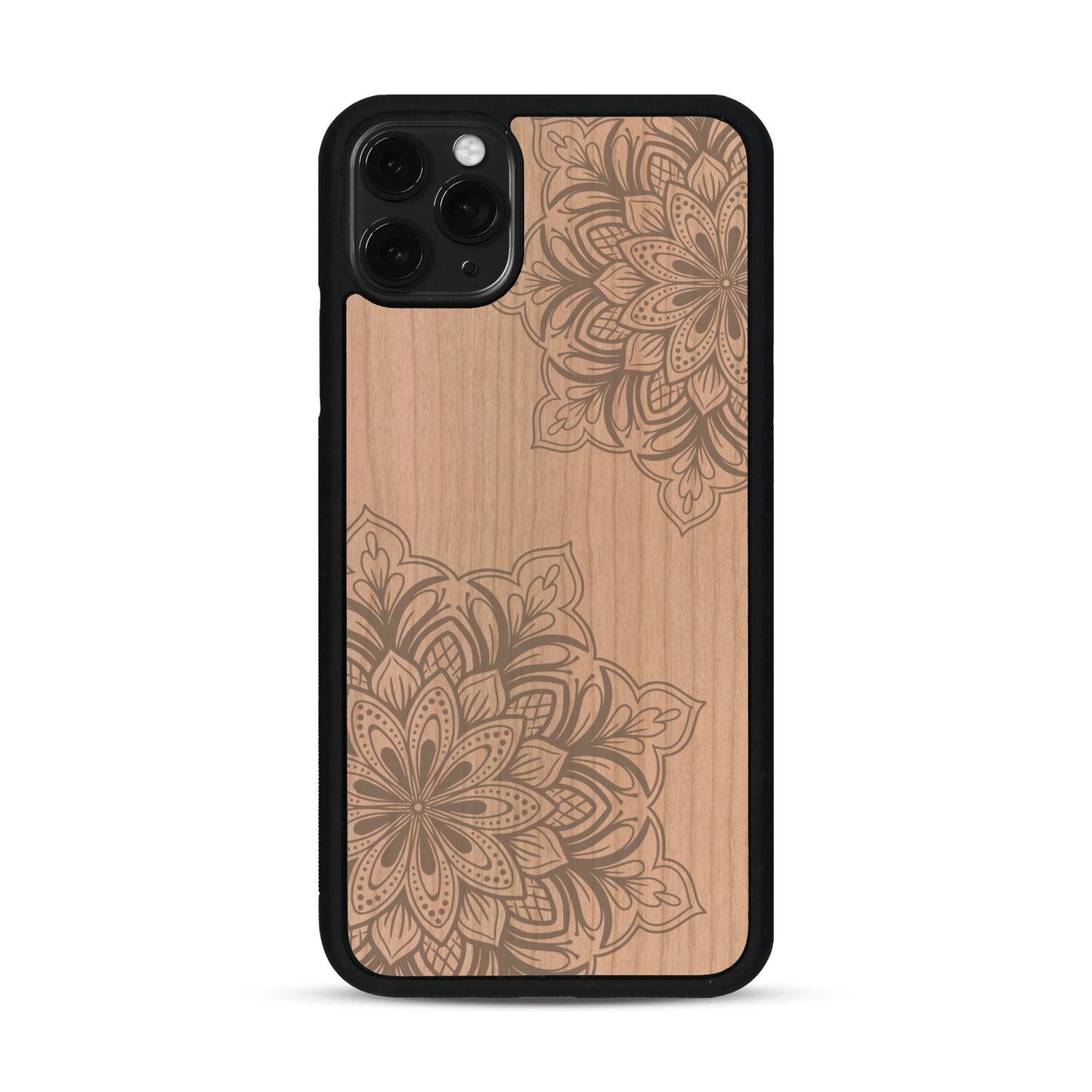 Coque de protection en bois véritable fabriquée en France pour  sur le thème de la bohème et du tatouage au henné avec une gravure représentant un mandala