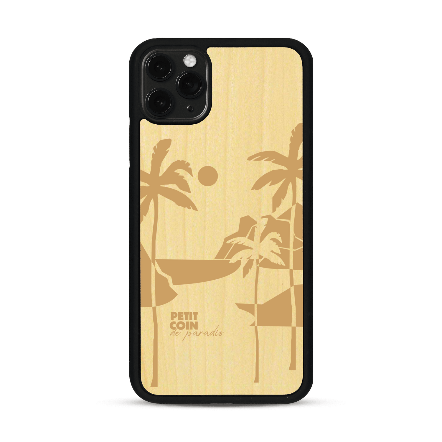 Coque de protection en bois véritable fabriquée en France pour  sur le thème des voyages en vans, vanlife et chill avec une gravure représentant un van vw combi devant le soleil couchant sur une plage avec des vagues