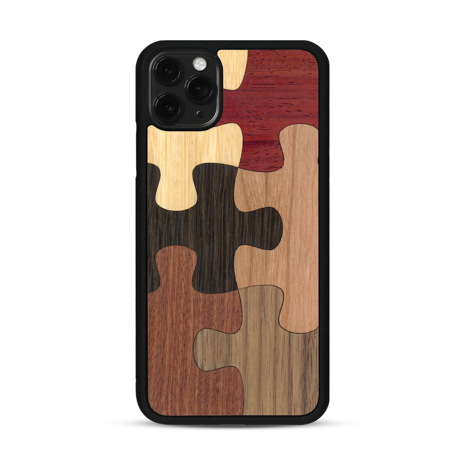 Coque de protection en bois véritable fabriquée en France pour  représentant un puzzle en six pièces qui allie du chêne fumé, du noyer, du bambou, du padouk, du merisier et de l'acajou