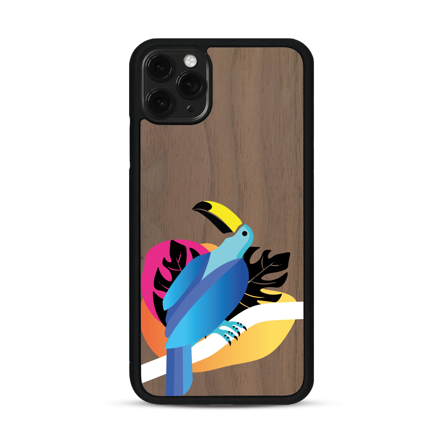 Coque de protection en bois véritable fabriquée en France pour iPhone 11 Pro Max représentant un toucan coloré avec un design moderne et minimaliste sur le thème de la jungle et de la nature